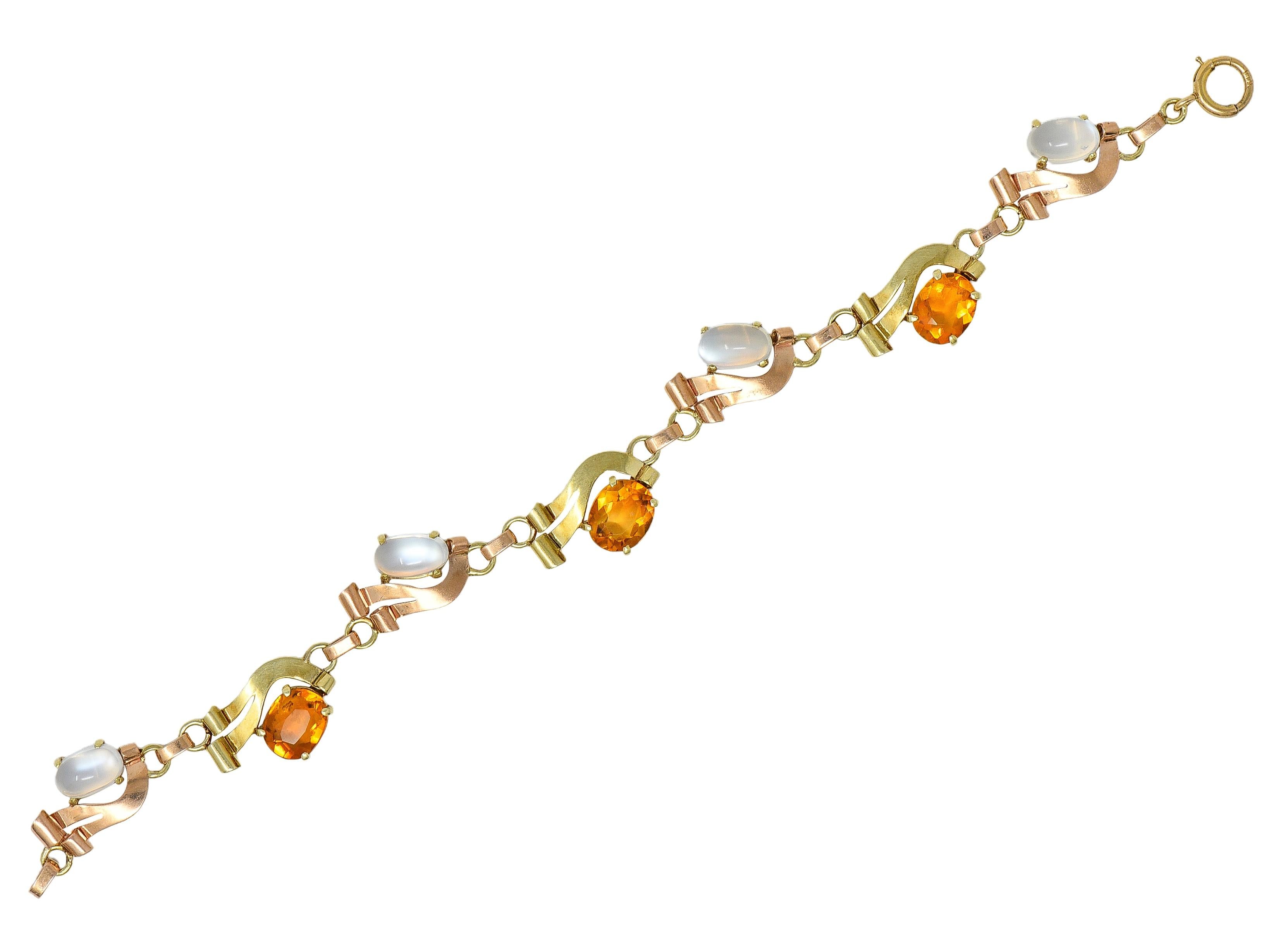 Retro Citrine Moonstone 14 Karat Two-Tone Gold Vintage Ribbon Link Bracelet