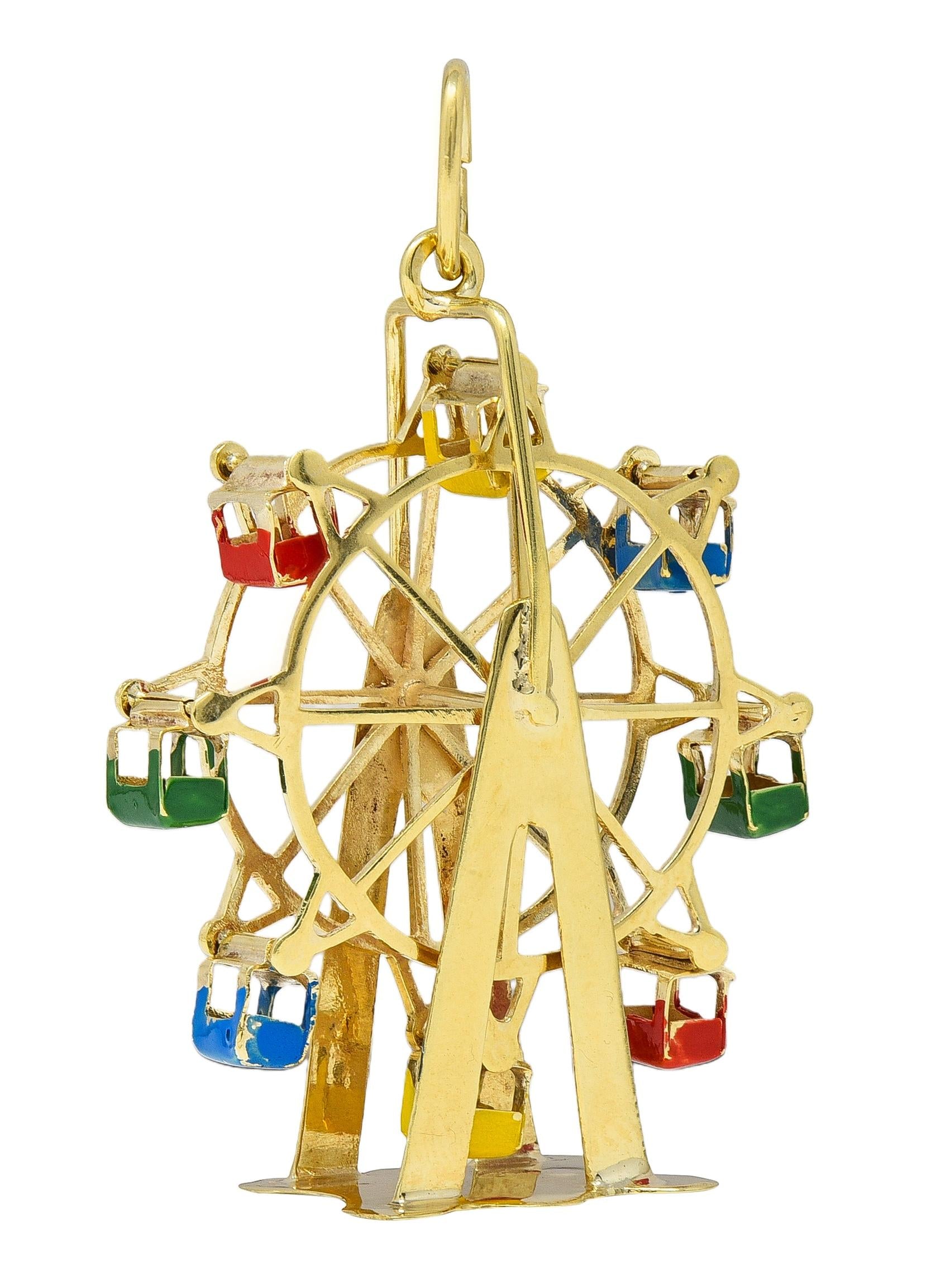 1960's Enamel 14 Karat Yellow Gold Vintage Ferris Wheel Pendant Charm