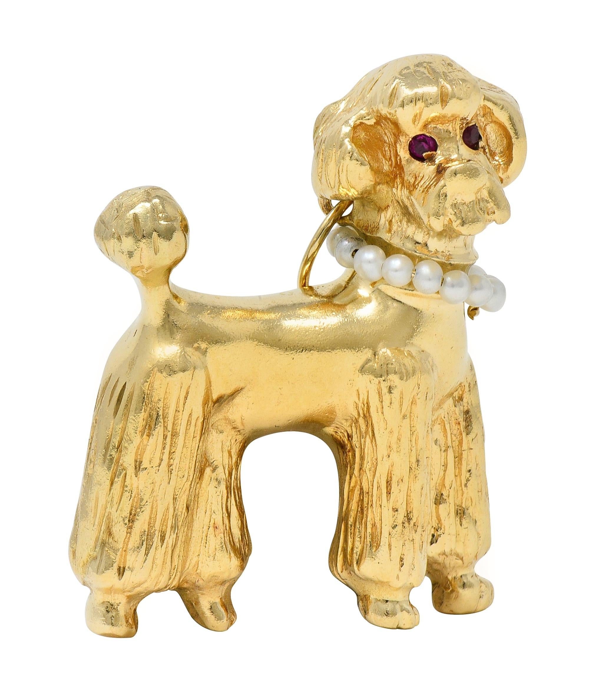 1950's Ruby Pearl 14 Karat Yellow Gold Vintage Poodle Pendant Charm