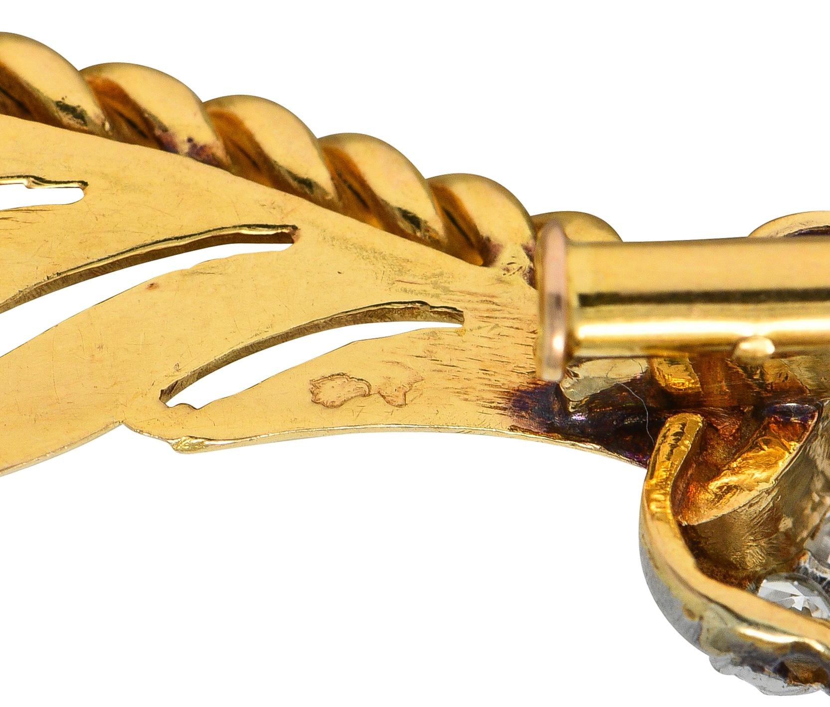 1950's French Diamond Platinum 18 Karat Yellow Gold Vintage Feather Brooch