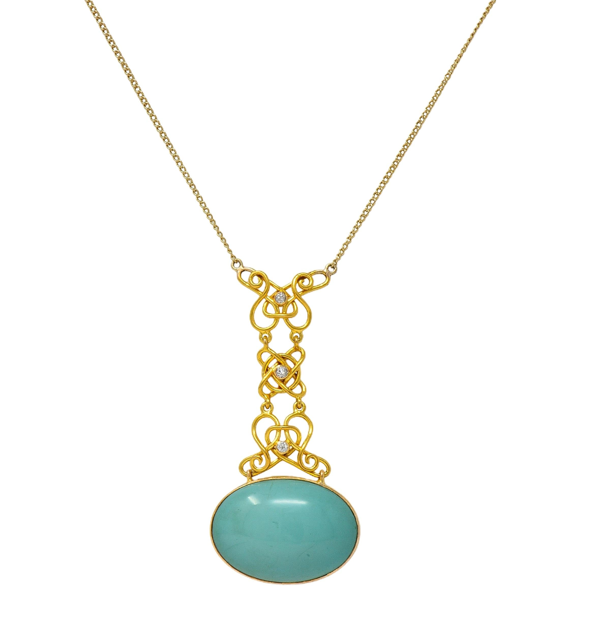 Art Nouveau Diamond Turquoise 14 Karat Gold Antique Station Chain Necklace
