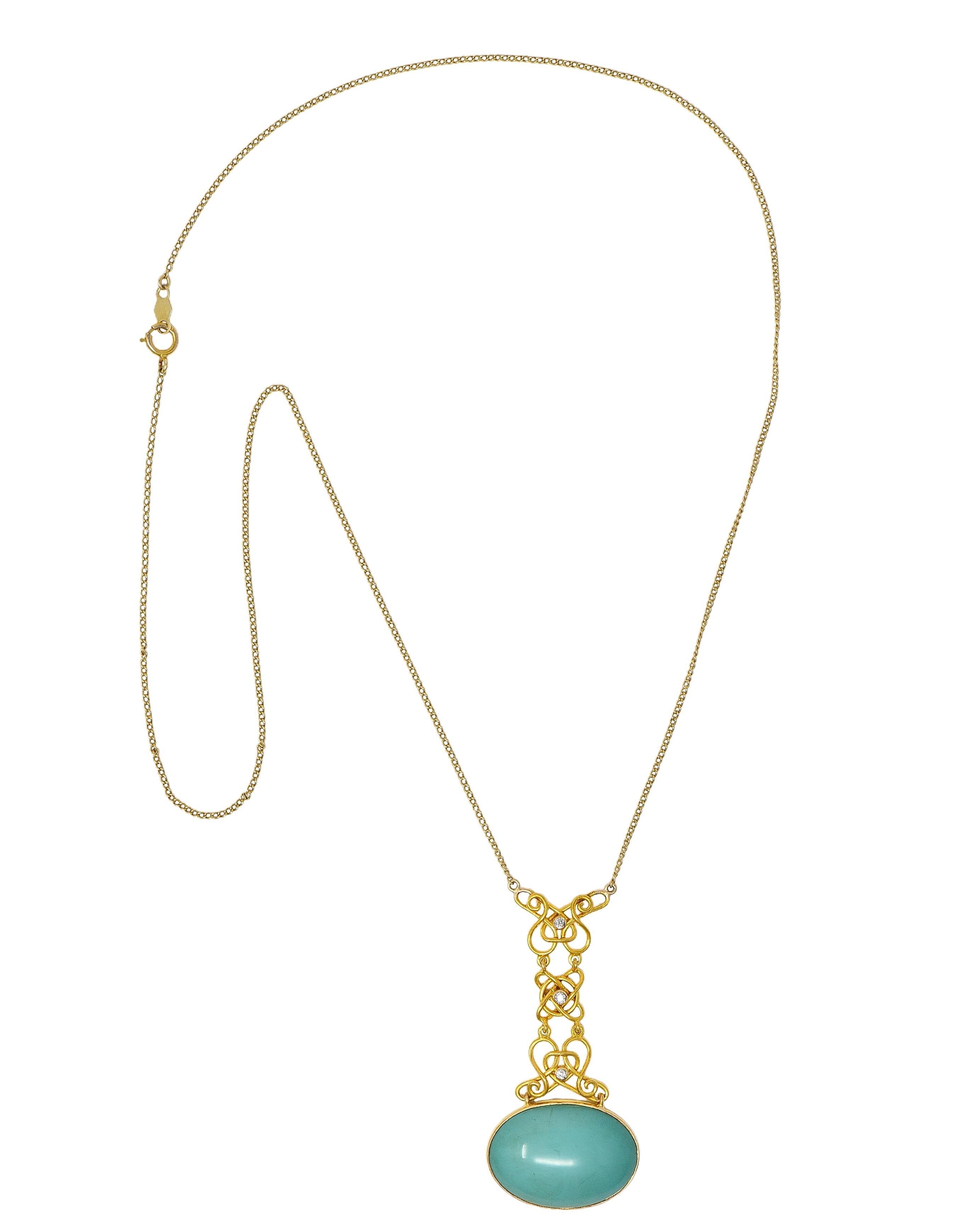 Art Nouveau Diamond Turquoise 14 Karat Gold Antique Station Chain Necklace