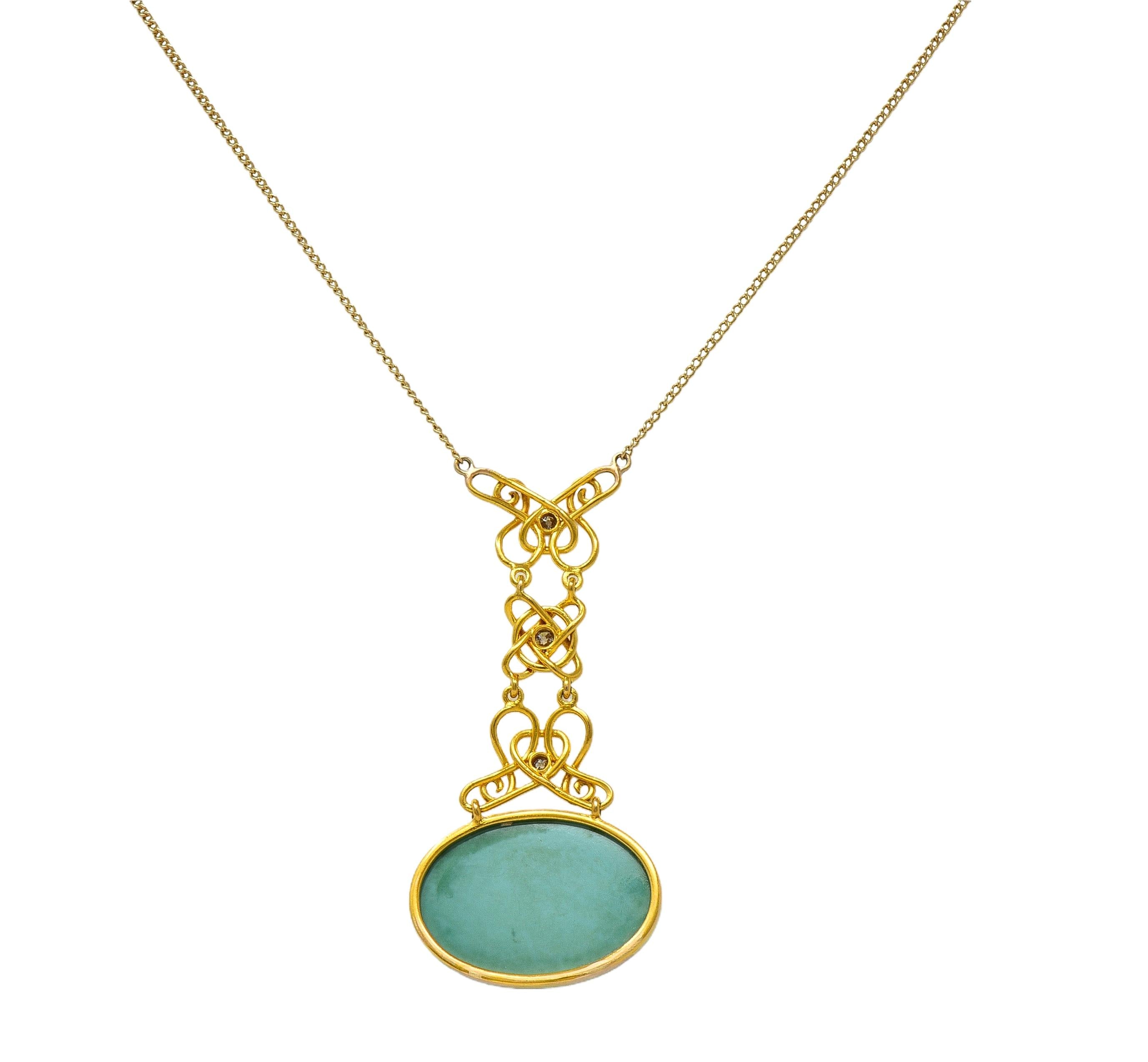 Art Nouveau Diamond Turquoise 14 Karat Gold Antique Station Chain Necklace