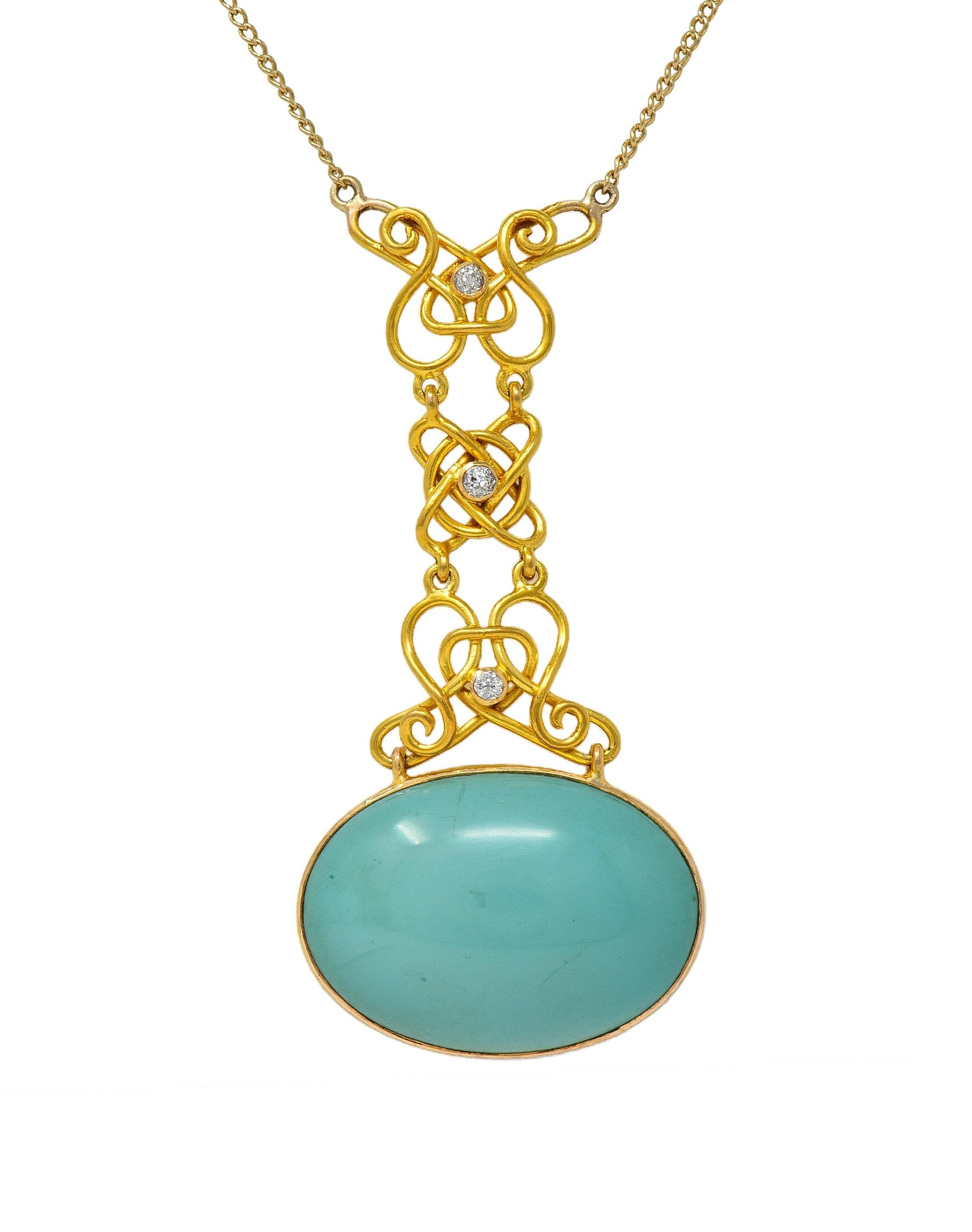 Art Nouveau Diamond Turquoise 14 Karat Gold Antique Station Chain Necklace