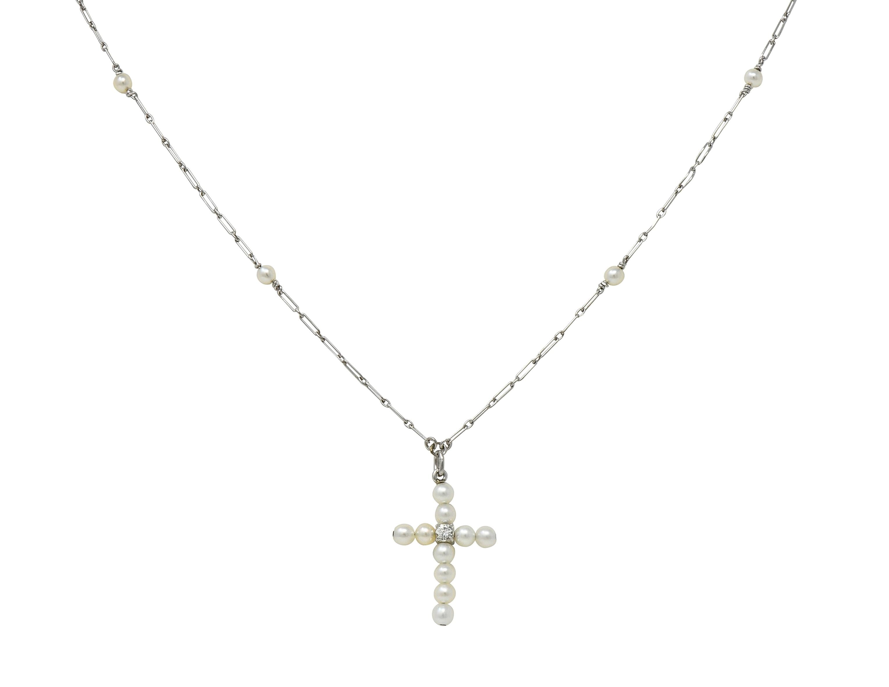 Edwardian Diamond Pearl Platinum Antique Cross Pendant Station Necklace