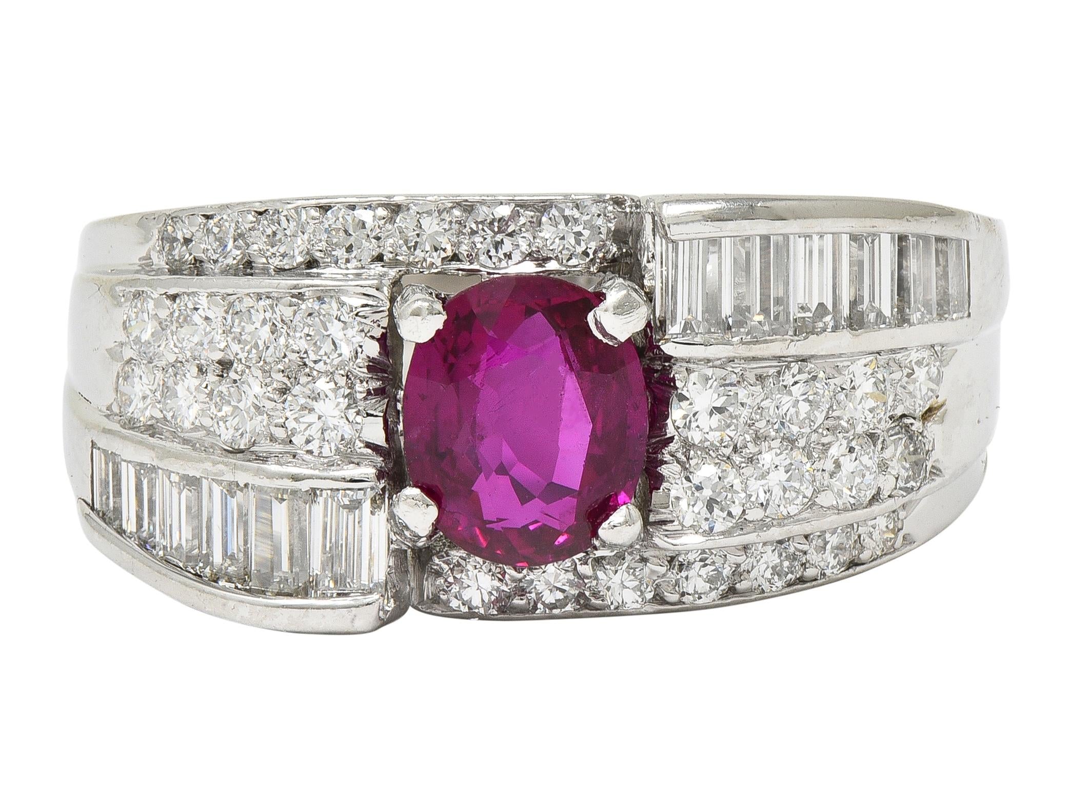 Vintage 2.25 CTW No Heat Ruby Diamond Platinum Wide Band Ring GIA