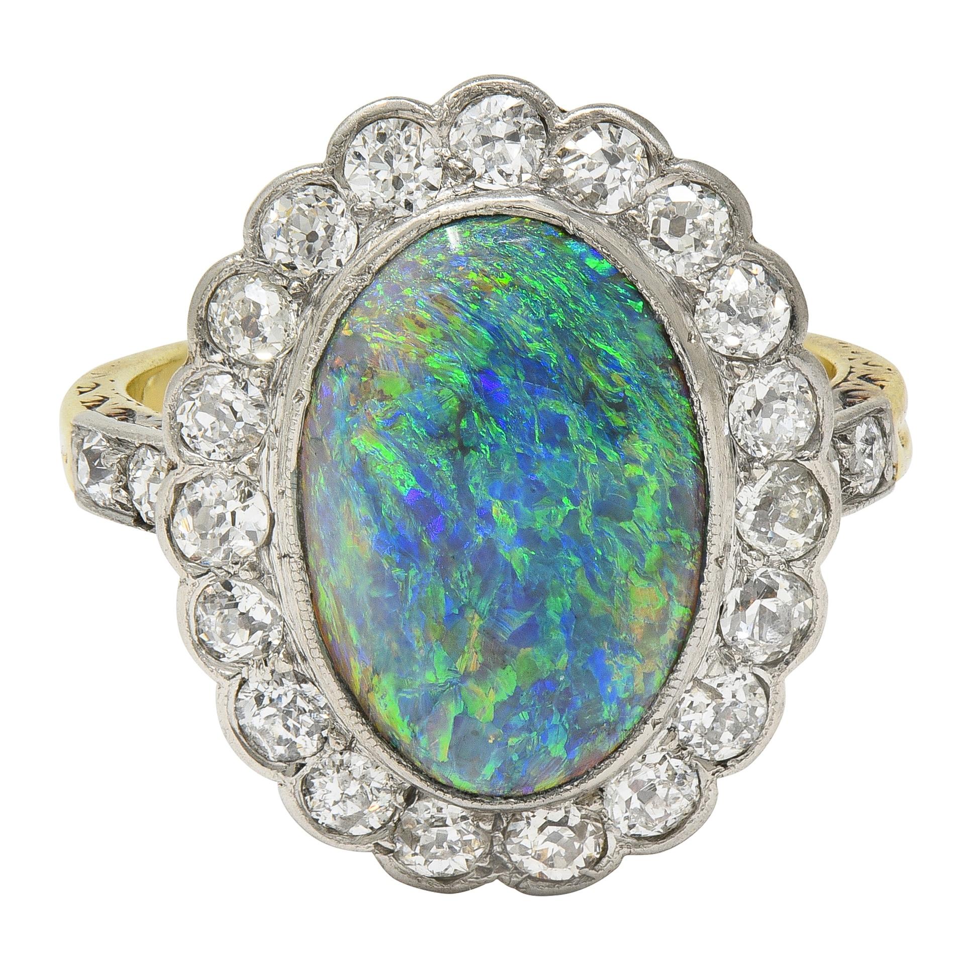 Edwardian Black Opal Diamond Platinum 18 Karat Yellow Gold Antique Halo Ring