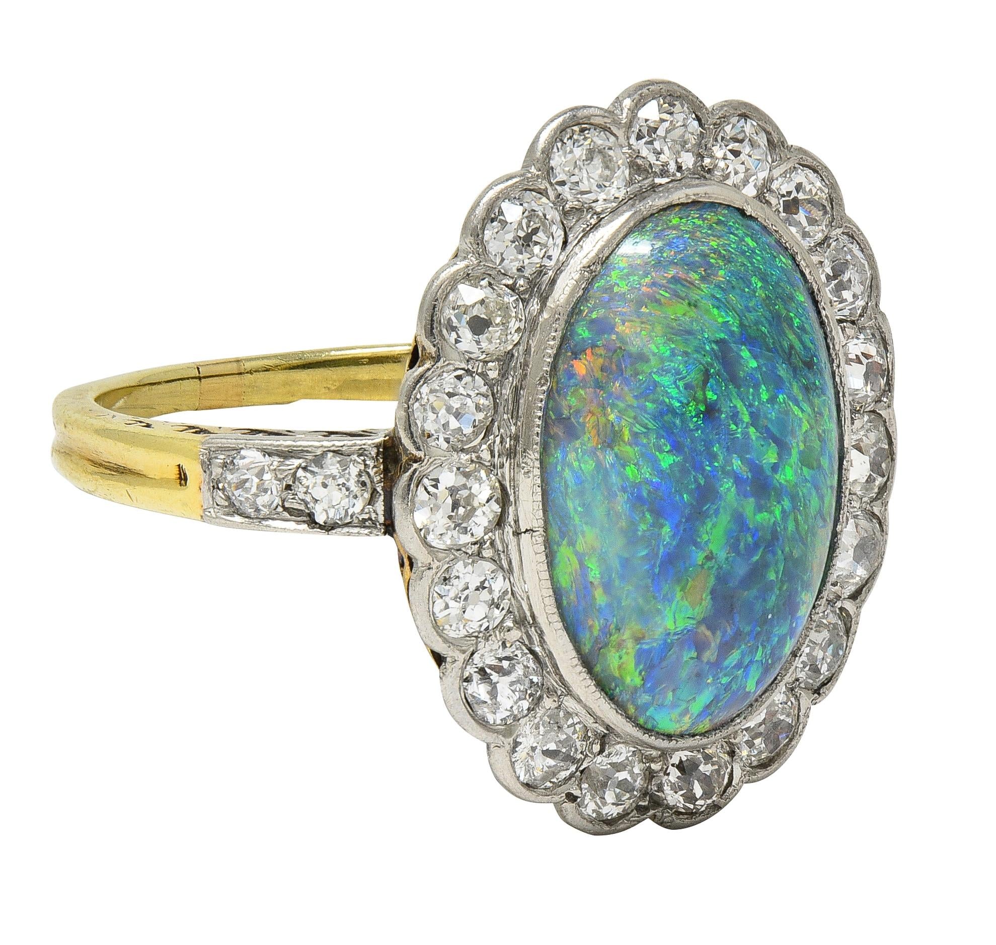 Edwardian Black Opal Diamond Platinum 18 Karat Yellow Gold Antique Halo Ring