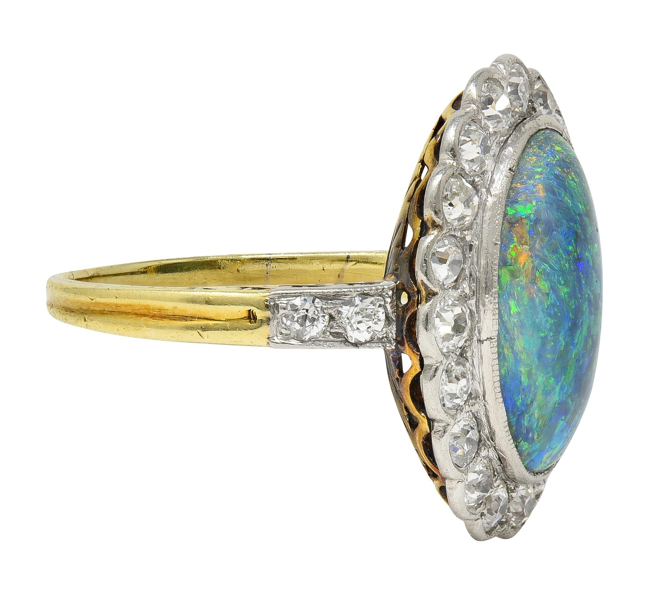 Edwardian Black Opal Diamond Platinum 18 Karat Yellow Gold Antique Halo Ring
