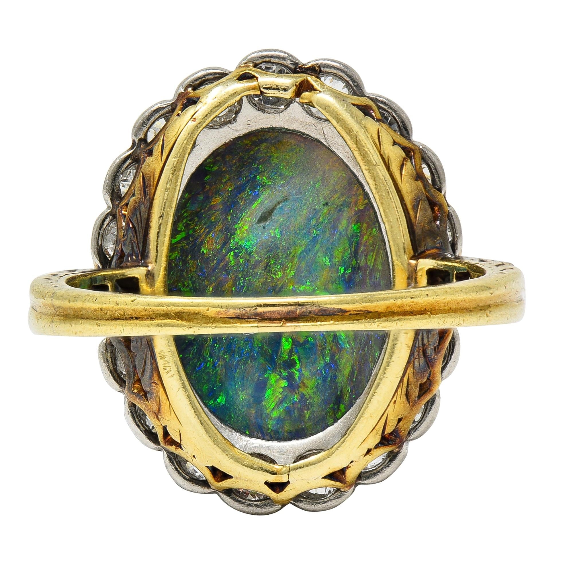 Edwardian Black Opal Diamond Platinum 18 Karat Yellow Gold Antique Halo Ring
