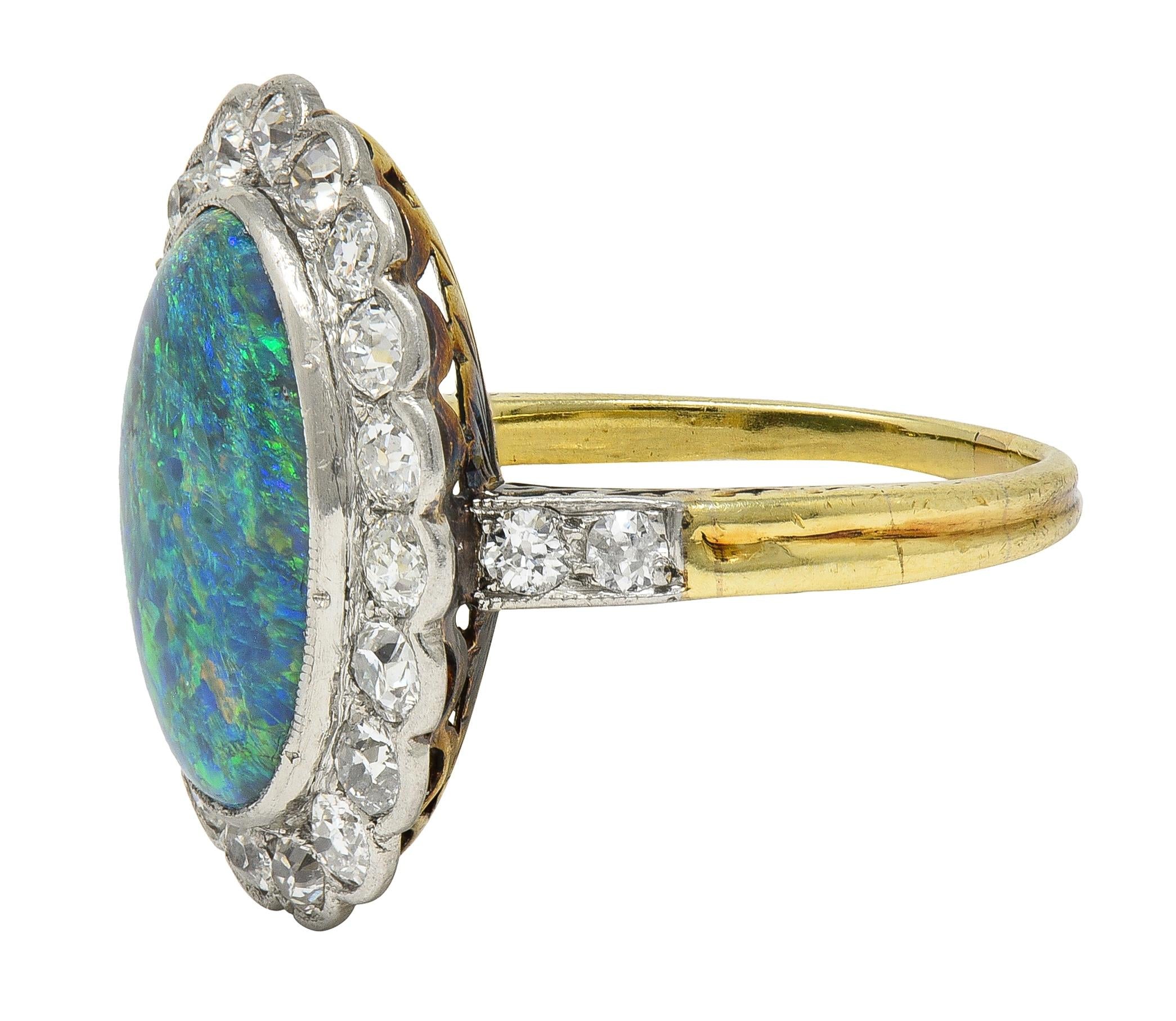 Edwardian Black Opal Diamond Platinum 18 Karat Yellow Gold Antique Halo Ring