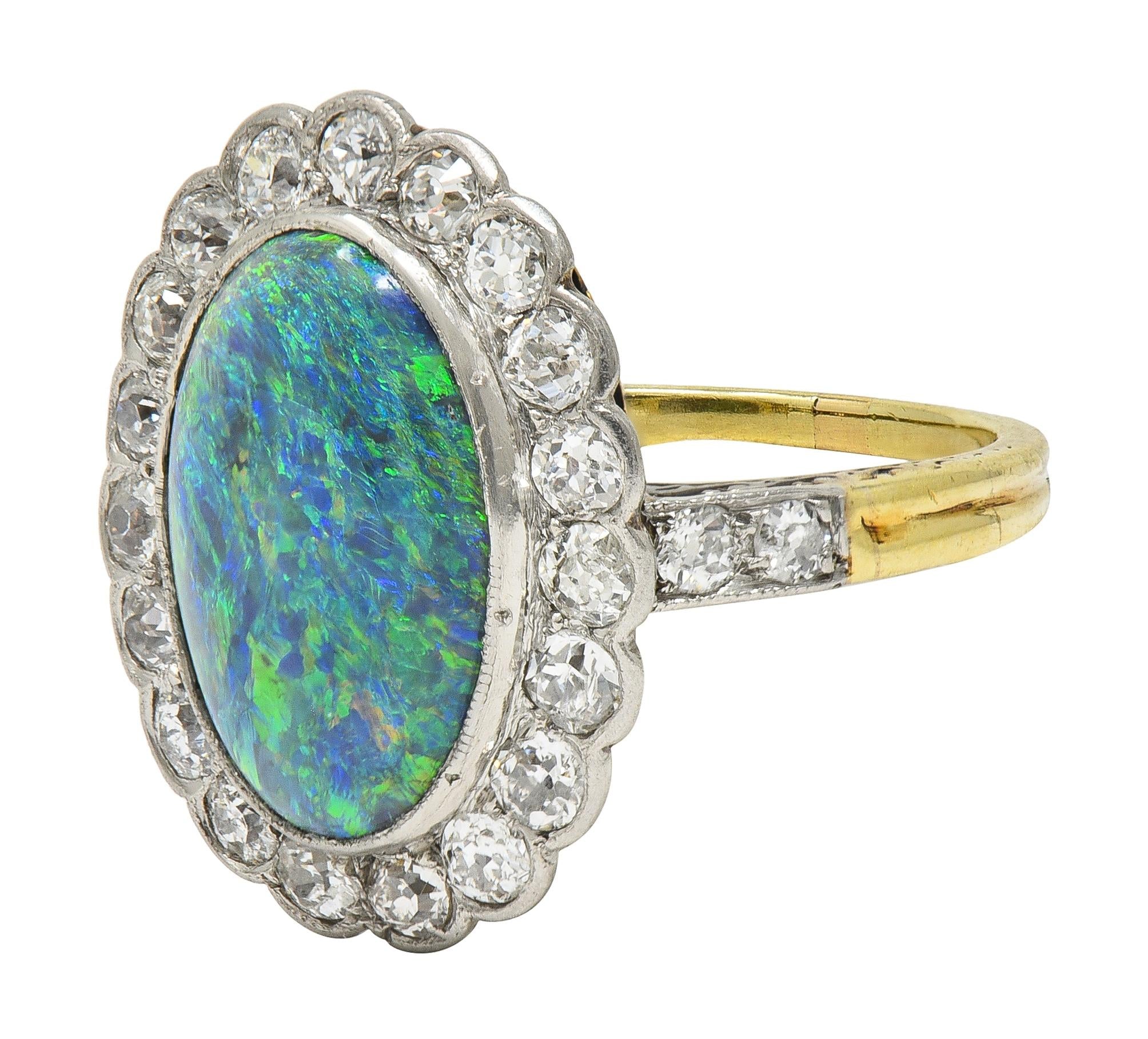 Edwardian Black Opal Diamond Platinum 18 Karat Yellow Gold Antique Halo Ring