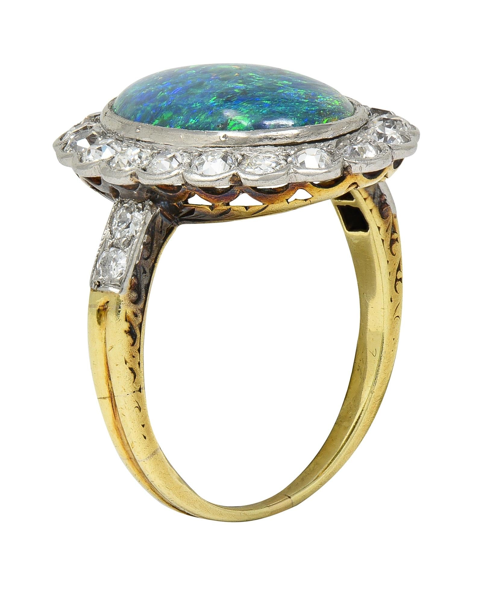 Edwardian Black Opal Diamond Platinum 18 Karat Yellow Gold Antique Halo Ring