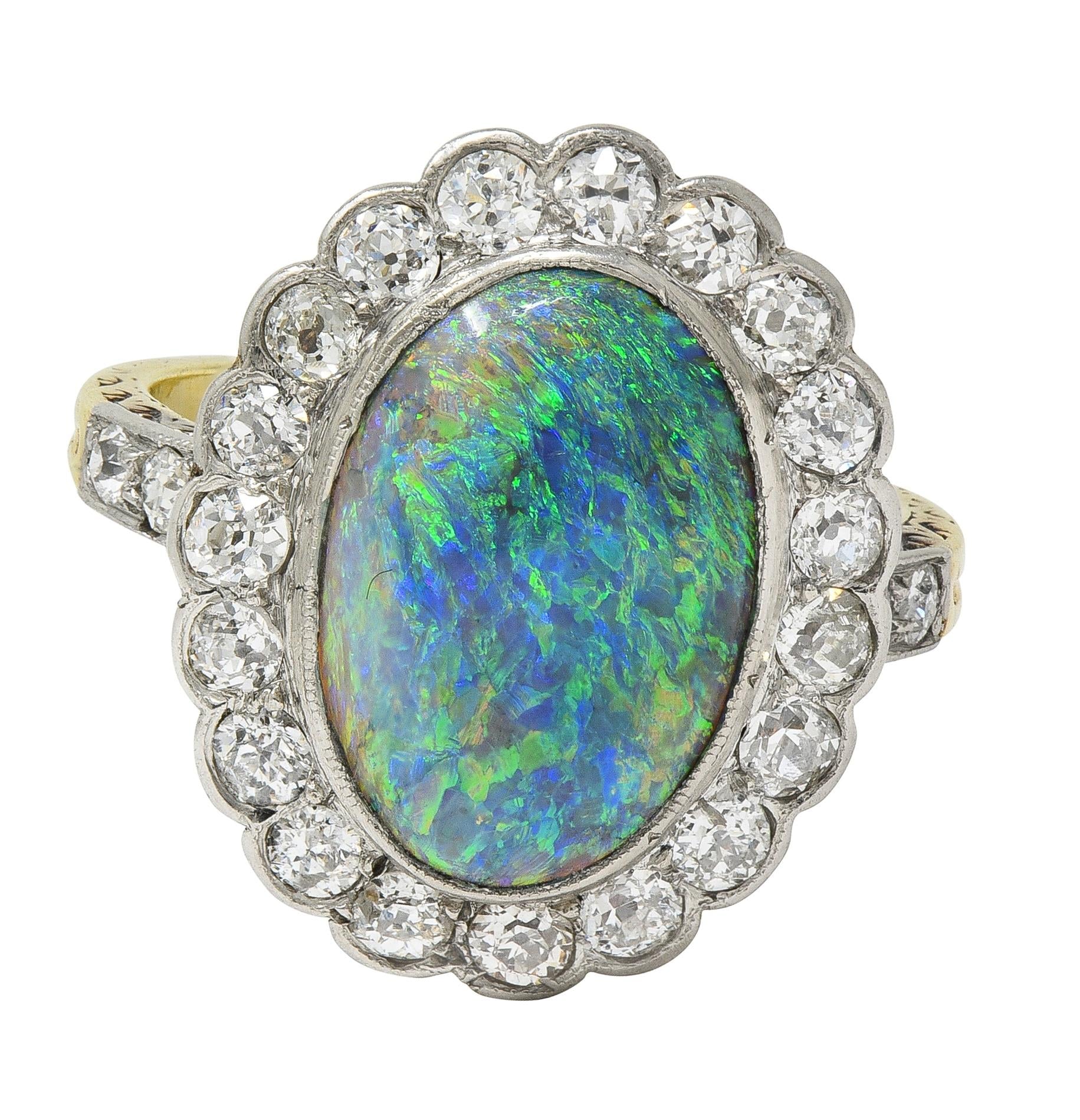 Edwardian Black Opal Diamond Platinum 18 Karat Yellow Gold Antique Halo Ring