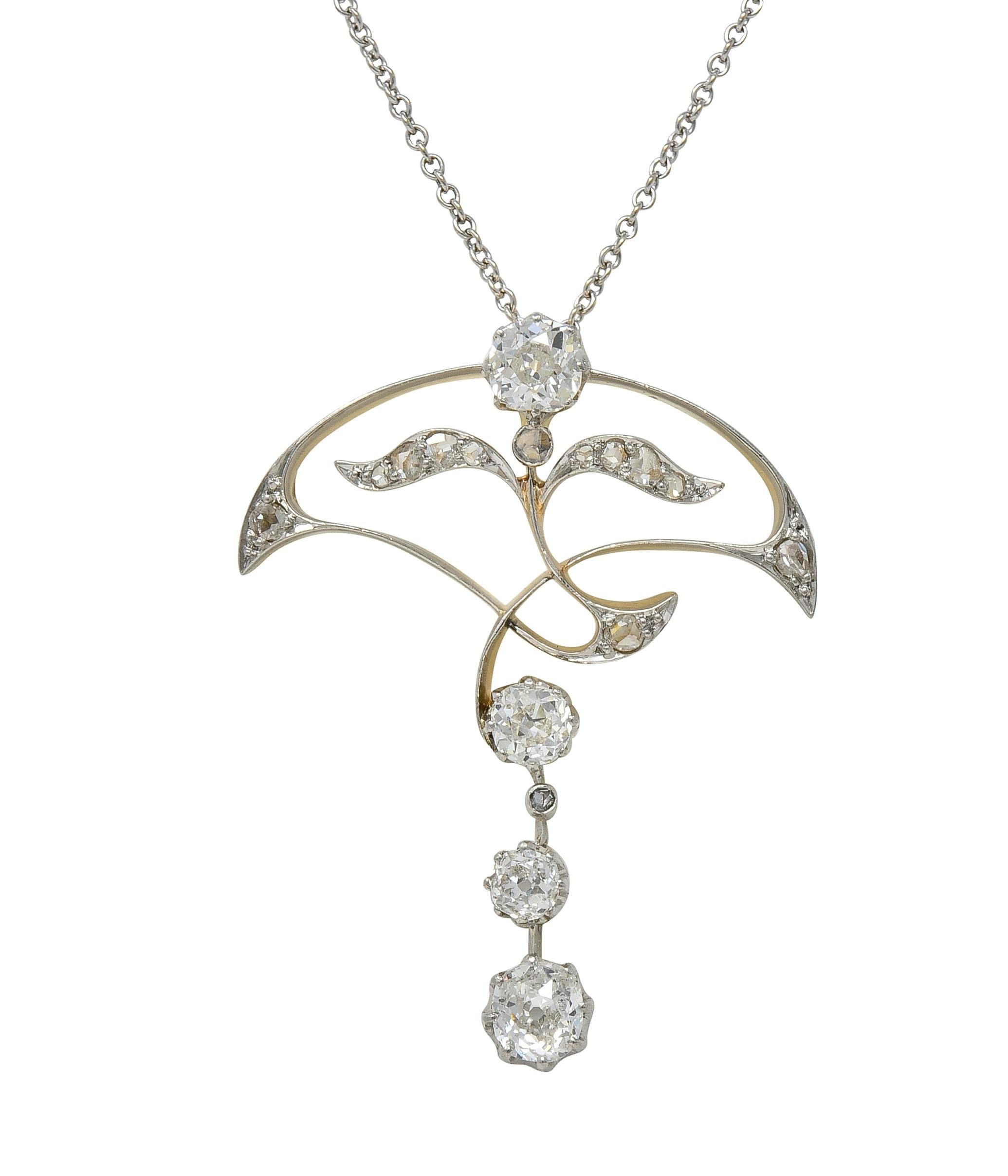 Edwardian 1.55 CTW Diamond Platinum 14K Gold Antique Floral Pendant Necklace