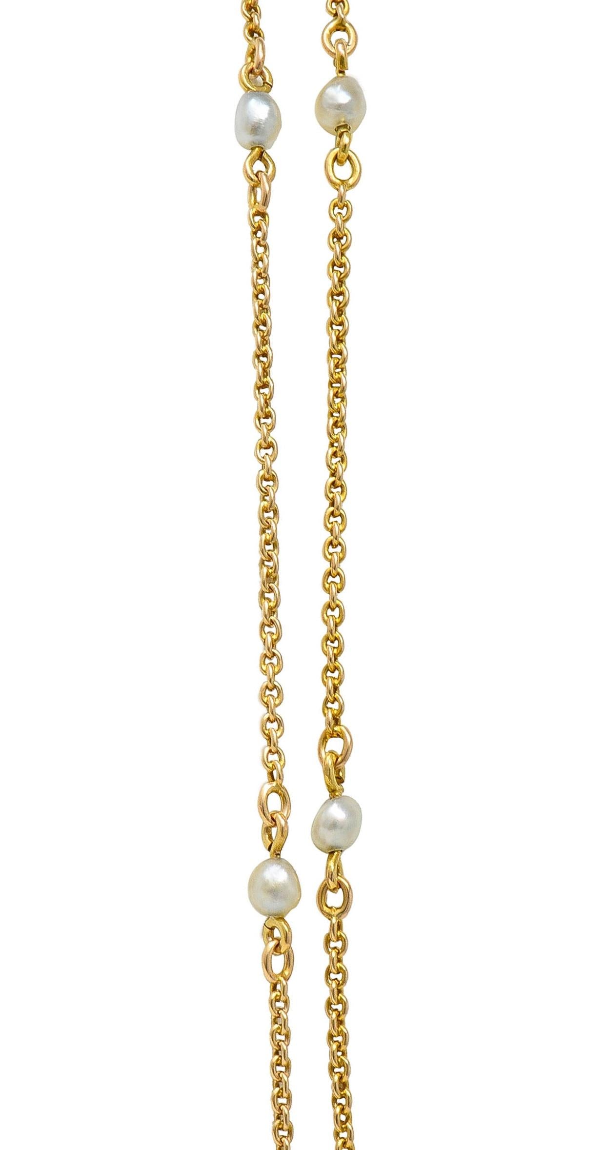 Victorian Pearl 14 Karat Yellow Gold Antique Station Fob Chain Necklace