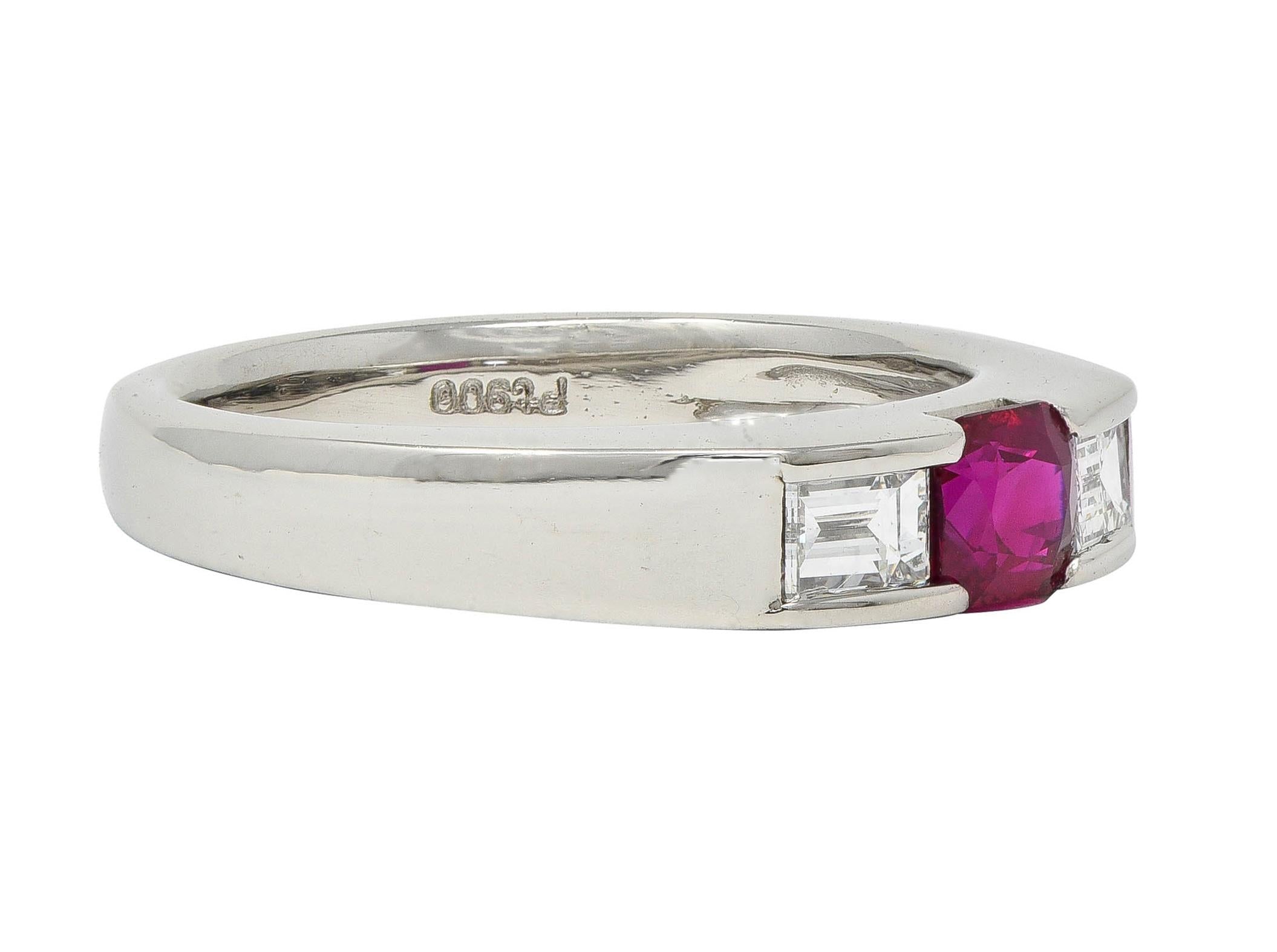 Contemporary 0.82 CTW Ruby Diamond Platinum Three Stone Ring