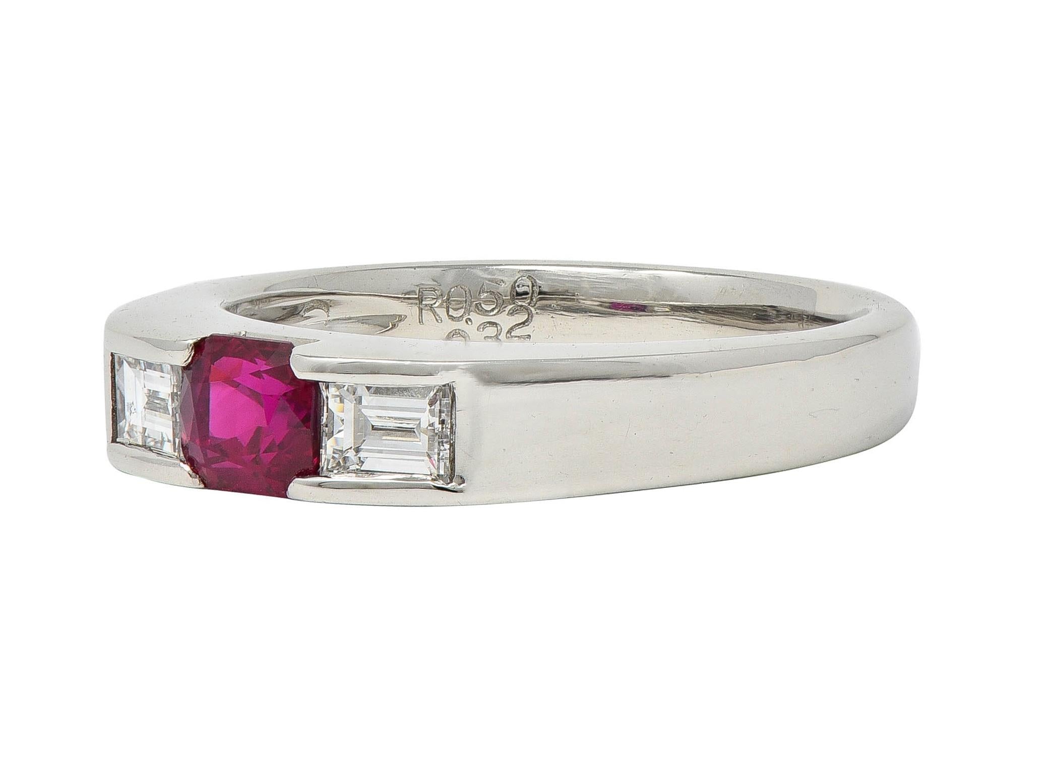 Contemporary 0.82 CTW Ruby Diamond Platinum Three Stone Ring