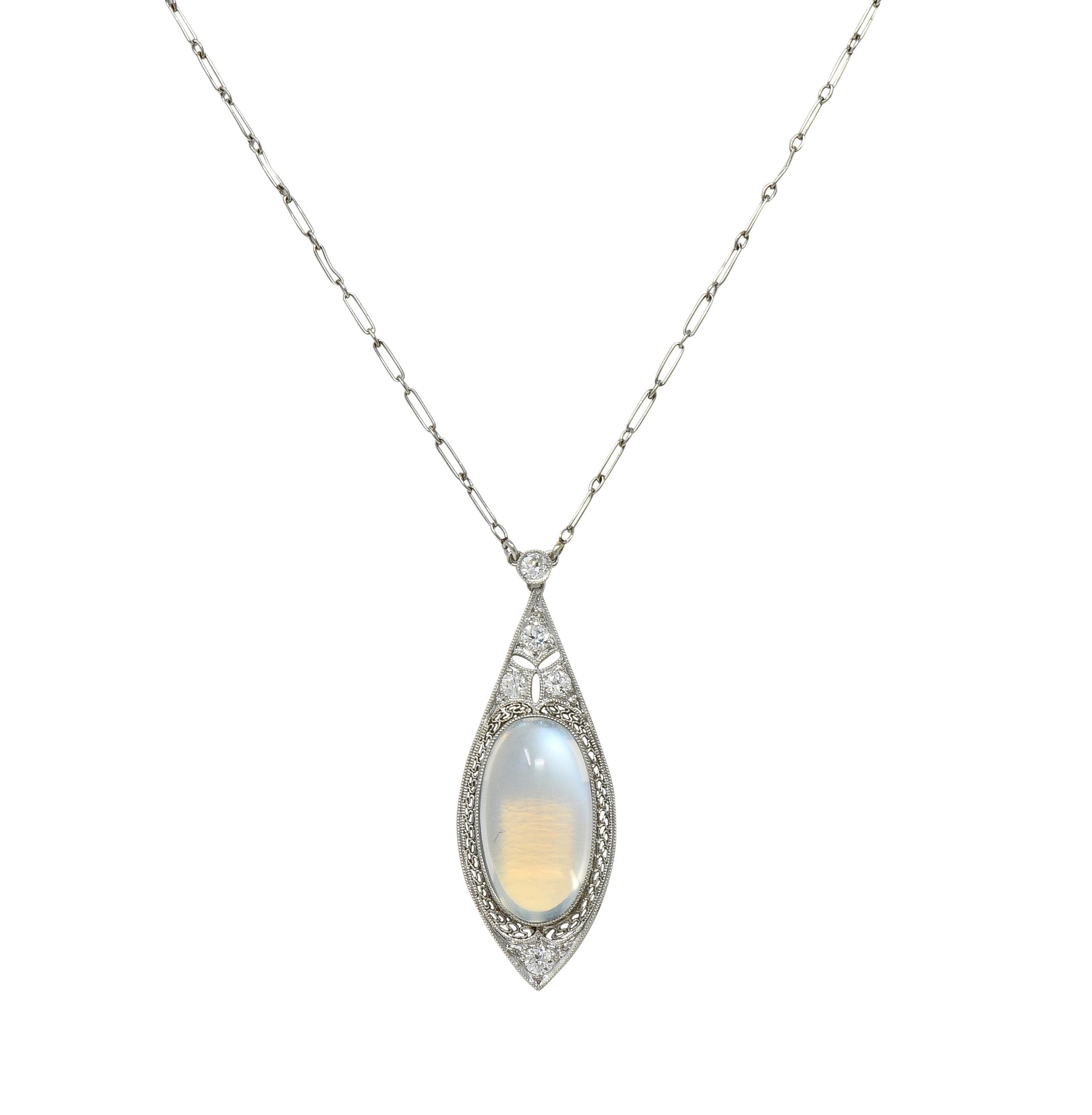 Early Art Deco Moonstone Diamond Platinum Antique Filigree Station Drop Necklace