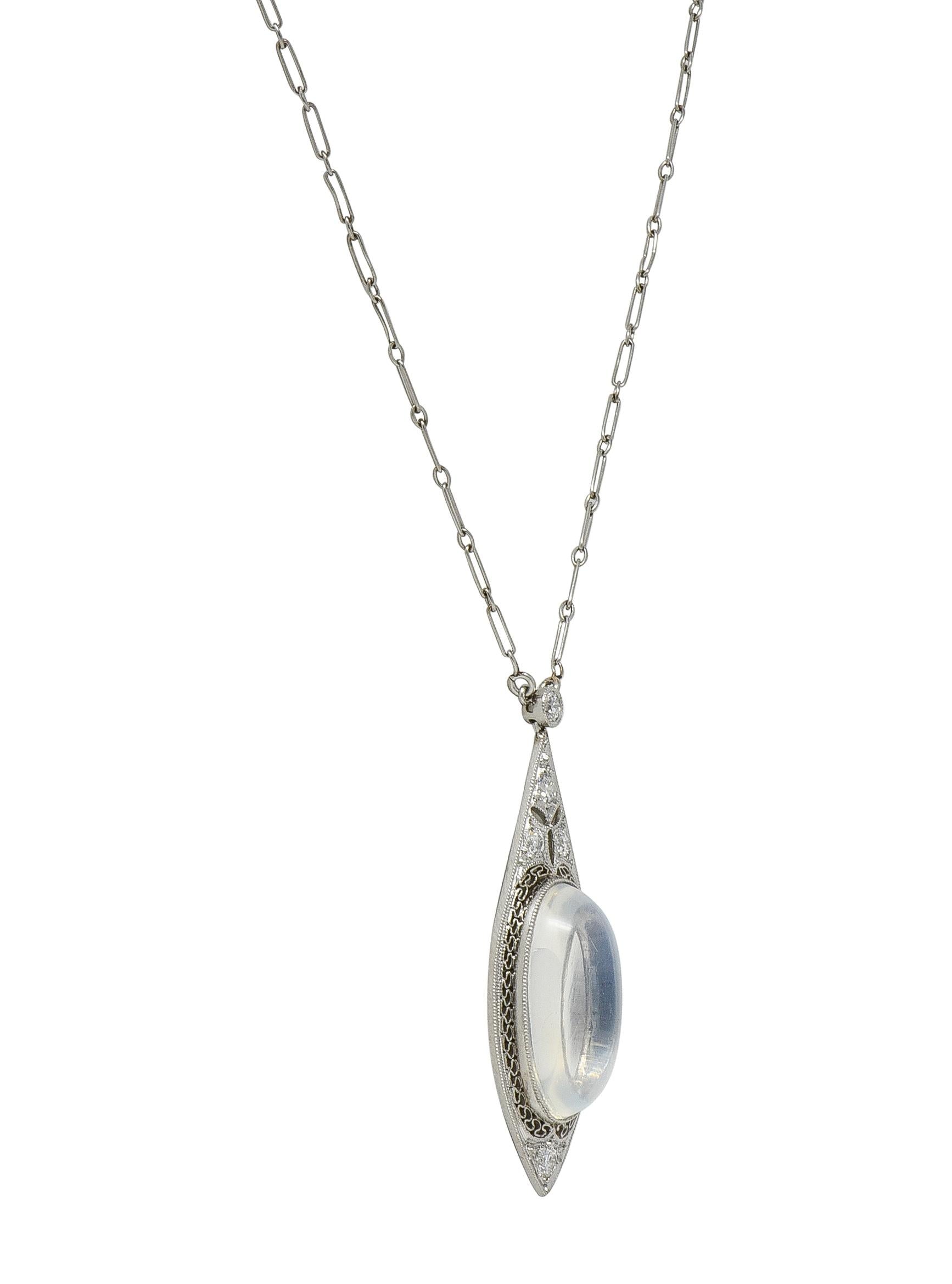 Early Art Deco Moonstone Diamond Platinum Antique Filigree Station Drop Necklace