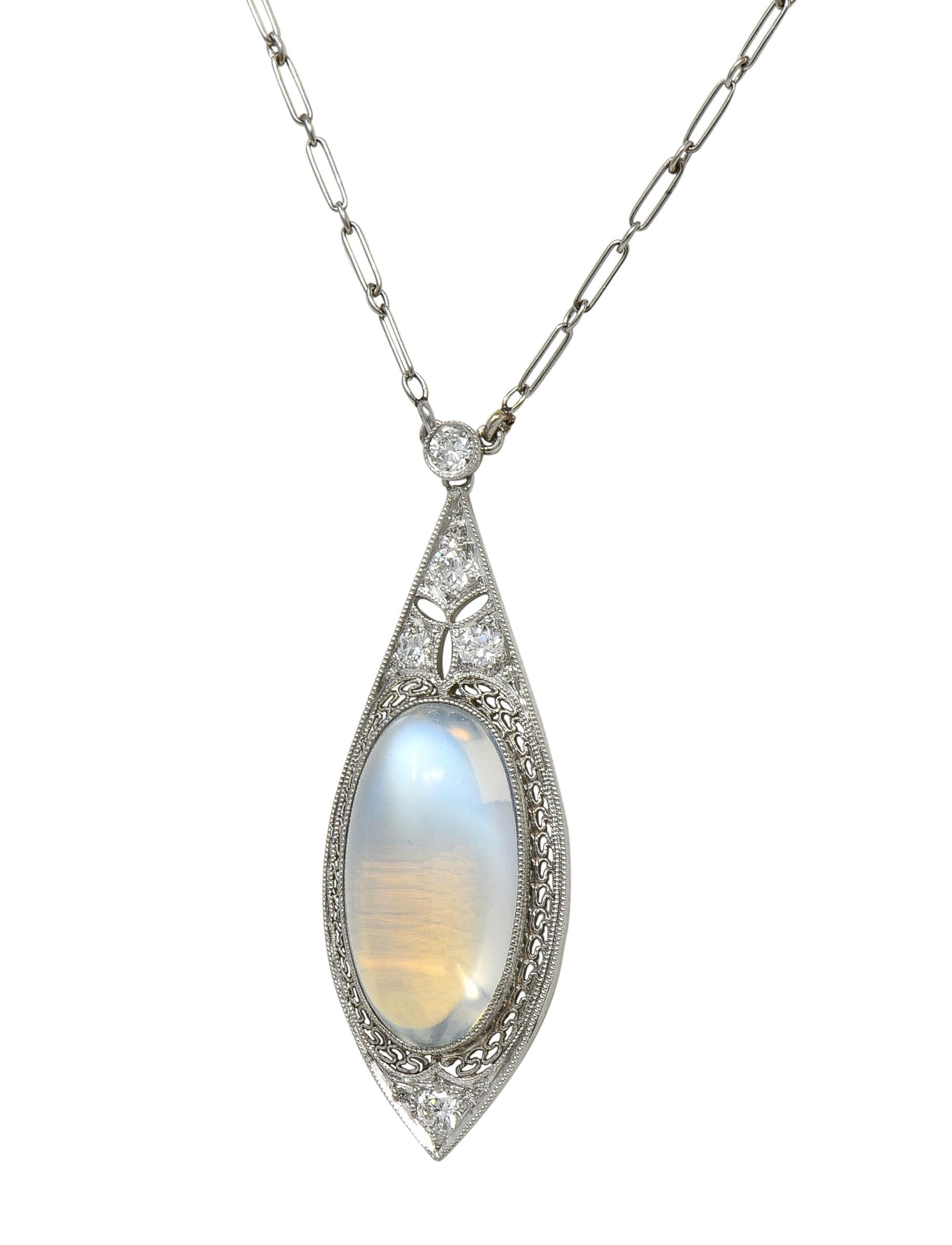 Early Art Deco Moonstone Diamond Platinum Antique Filigree Station Drop Necklace