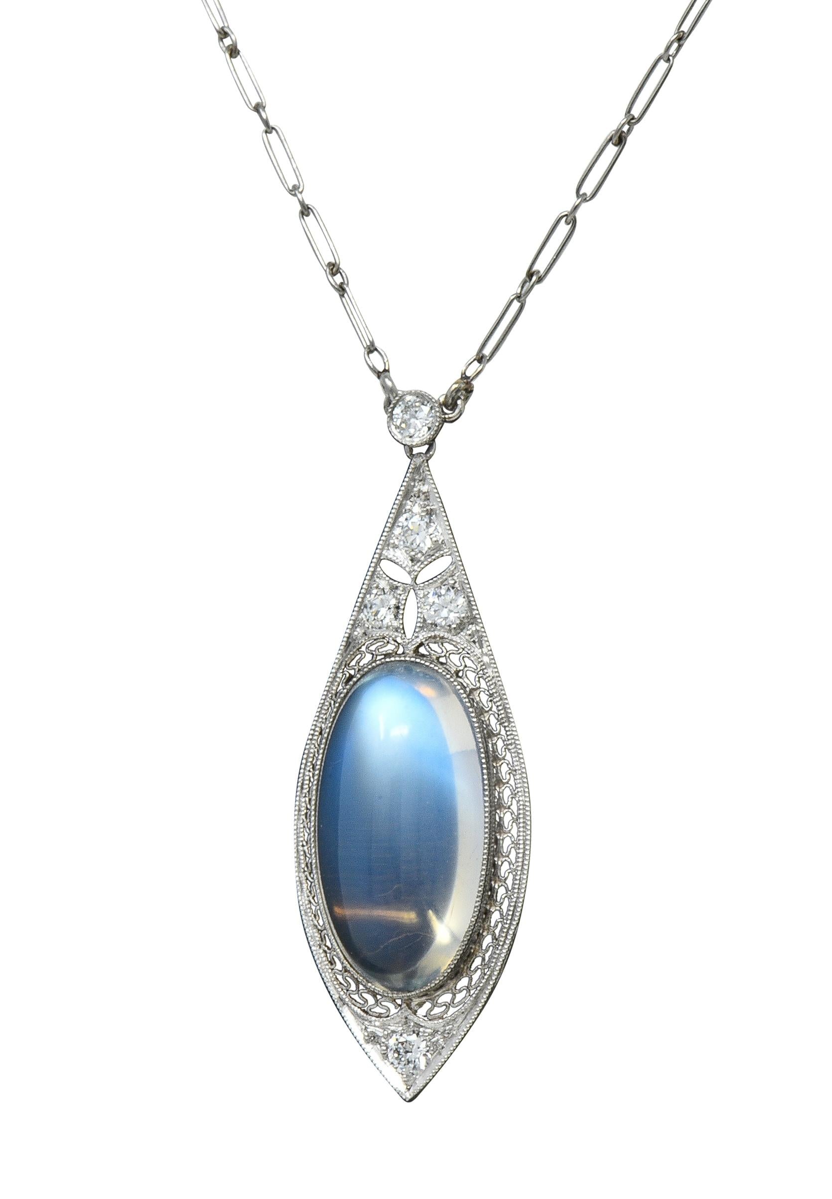 Early Art Deco Moonstone Diamond Platinum Antique Filigree Station Drop Necklace