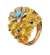 French Sapphire Diamond Turquoise Platinum 18 Karat Yellow Gold Cactus Ring