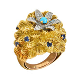 French Sapphire Diamond Turquoise Platinum 18 Karat Yellow Gold Cactus Ring