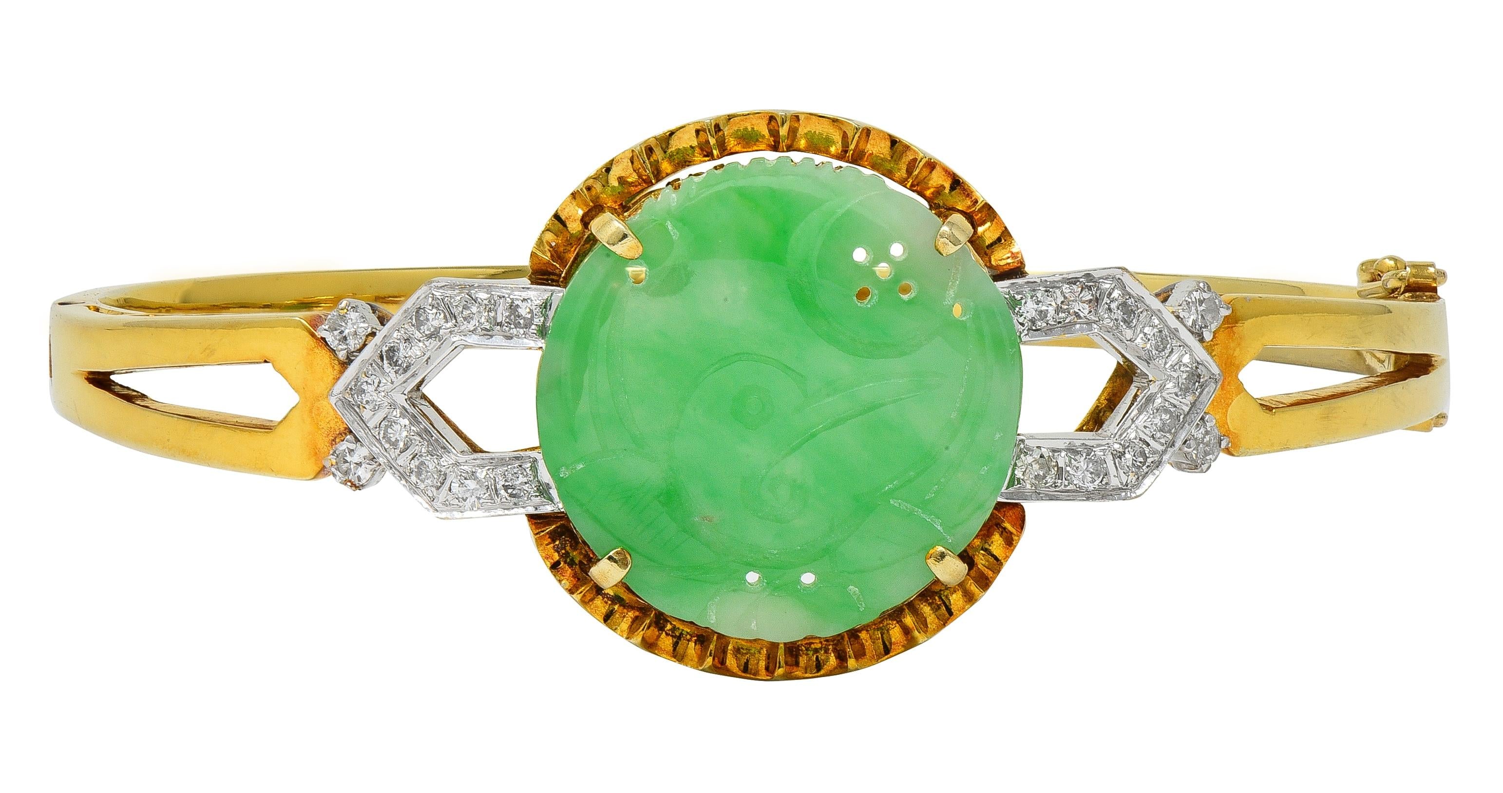 Art Deco Jade Diamond Platinum 14 Karat Yellow Gold Vintage Bird Bangle Bracelet