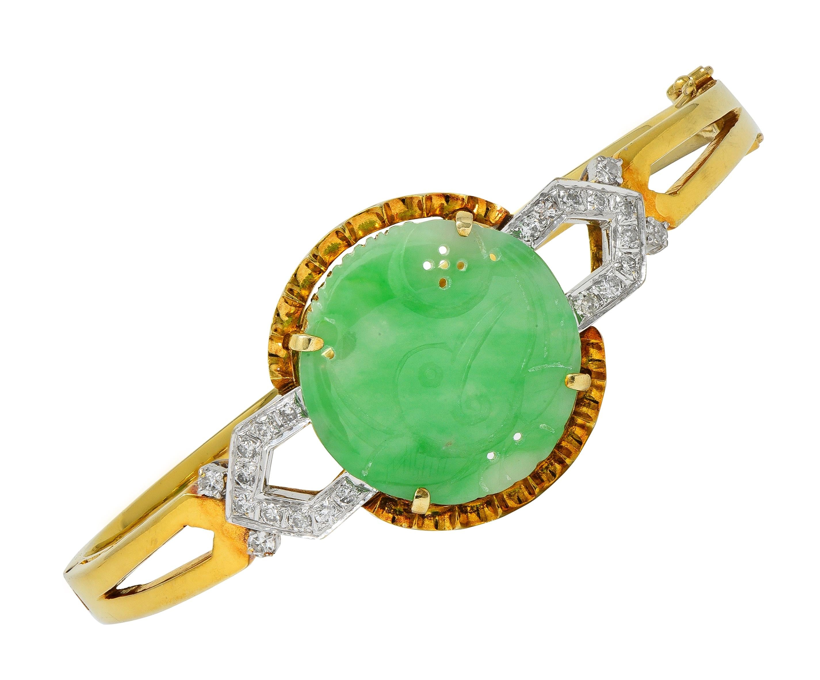 Art Deco Jade Diamond Platinum 14 Karat Yellow Gold Vintage Bird Bangle Bracelet