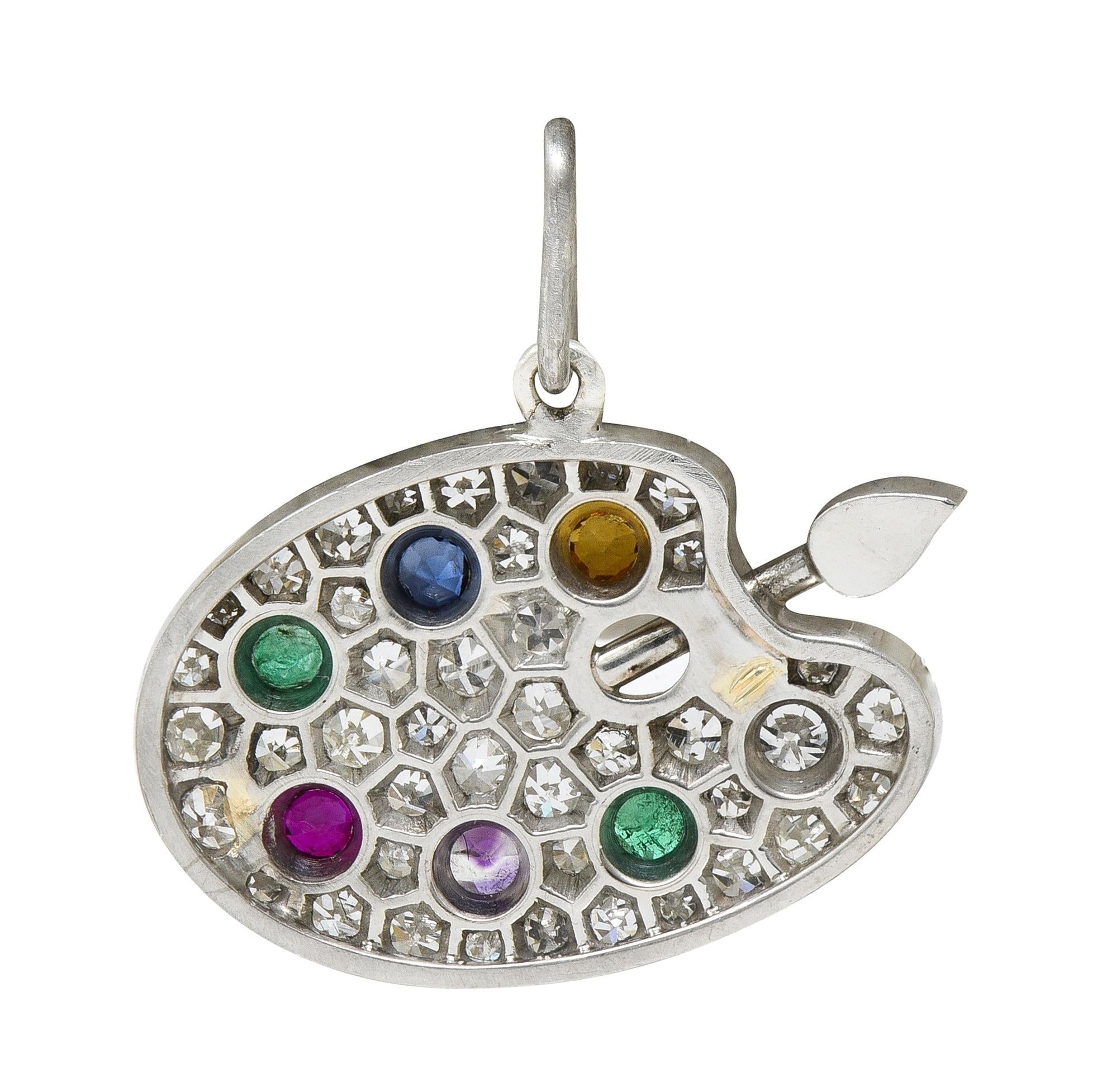 Art Deco Multi-Gem Platinum Vintage Artist Palette Acrostic Pendant Charm