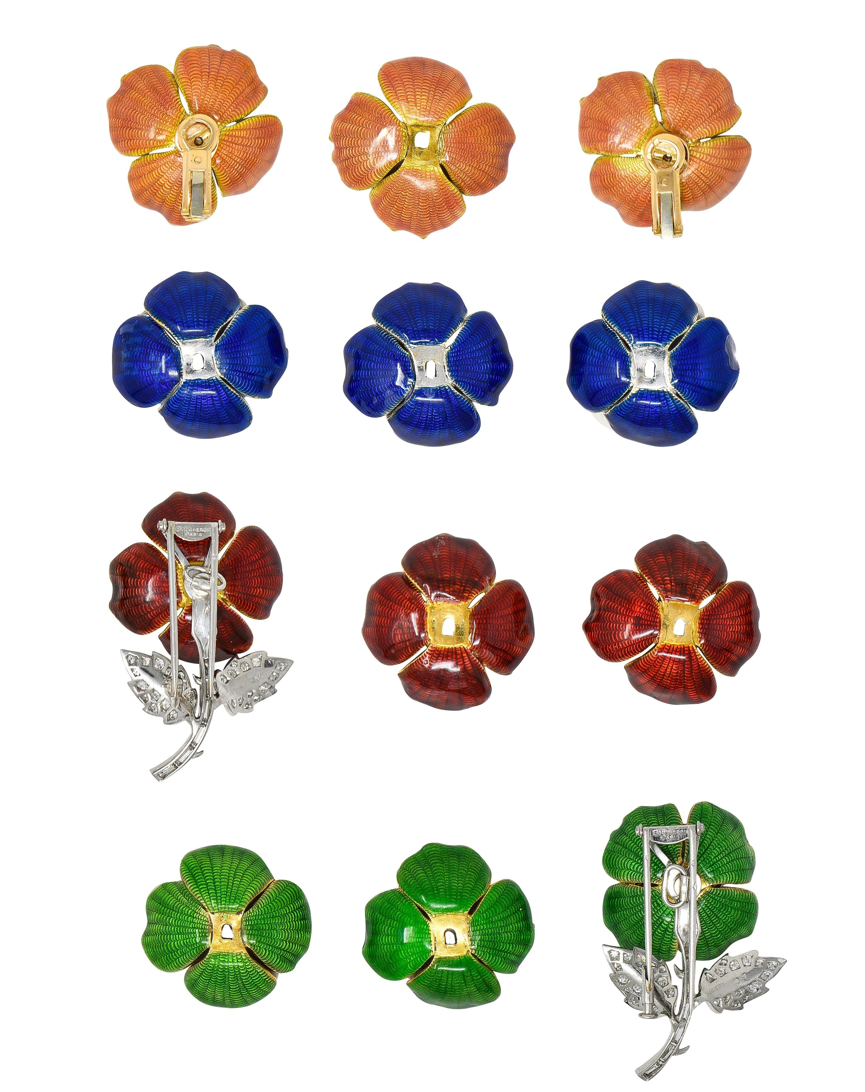 Boucheron Paris Diamond Enamel Platinum 18K Vintage Eglantine Brooch Earring Set