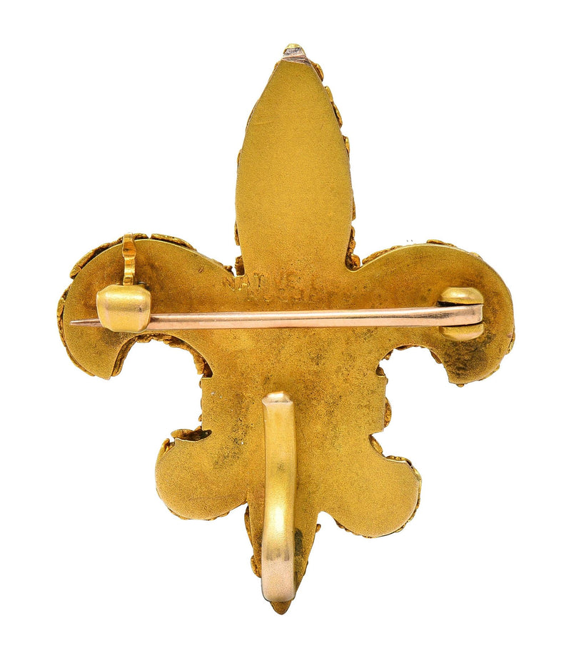 Victorian Petrified Fossil 24 Karat Yellow Gold Nugget Fleur-De-Lis Brooch