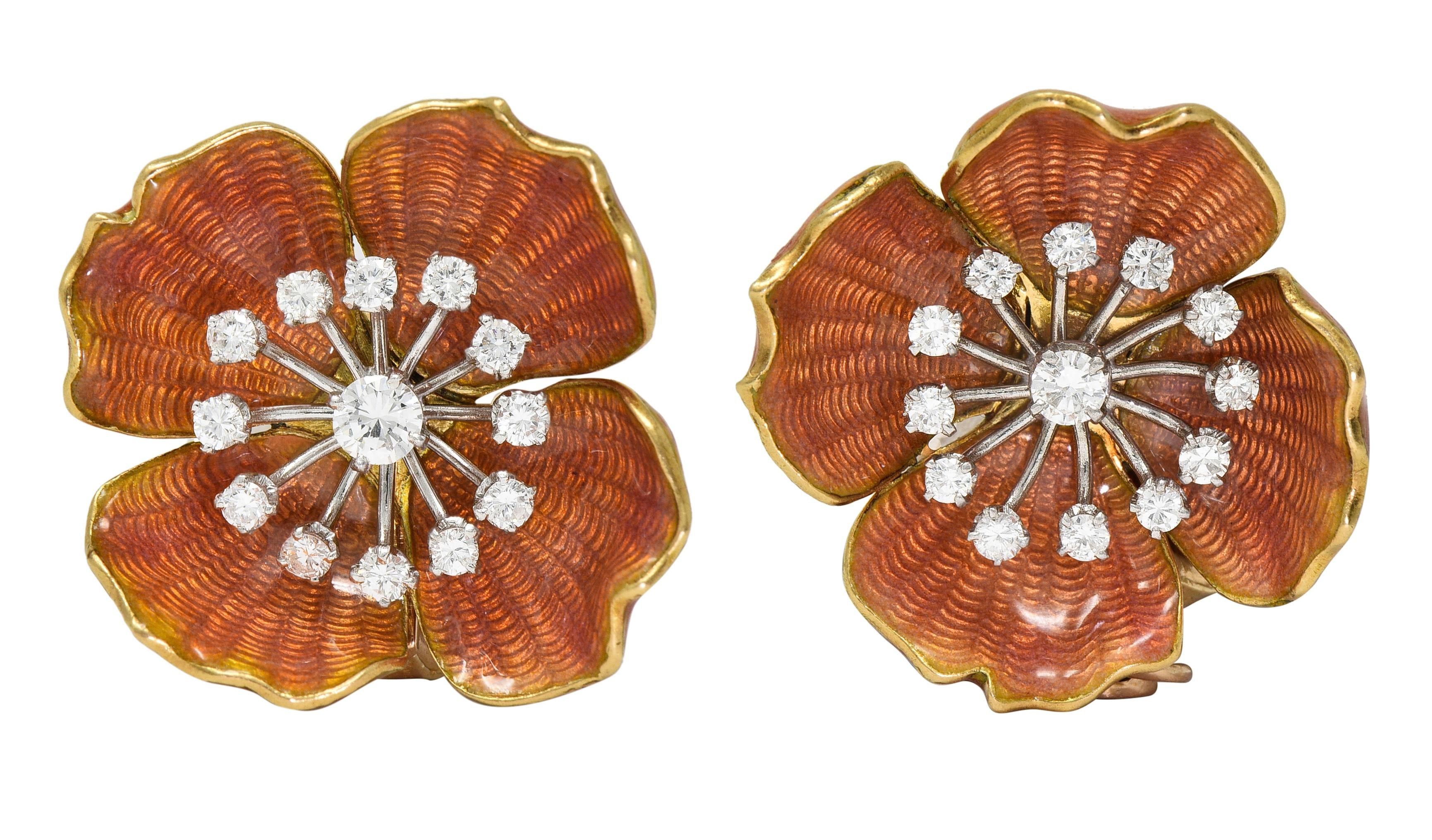 Boucheron Paris Diamond Enamel Platinum 18K Vintage Eglantine Brooch Earring Set