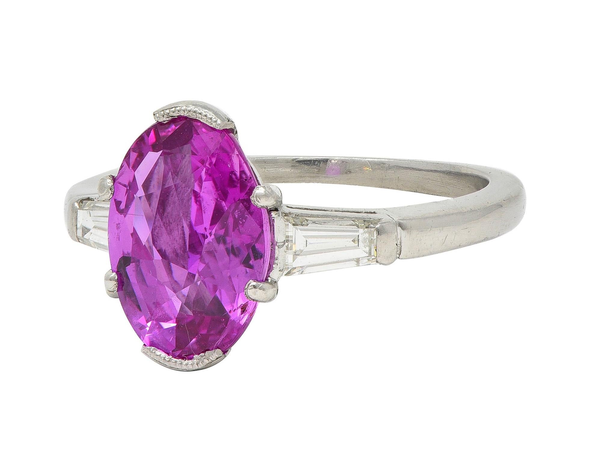 Mid-Century 2.85 CTW No Heat Pink Sapphire Diamond Platinum Three Stone Ring GIA
