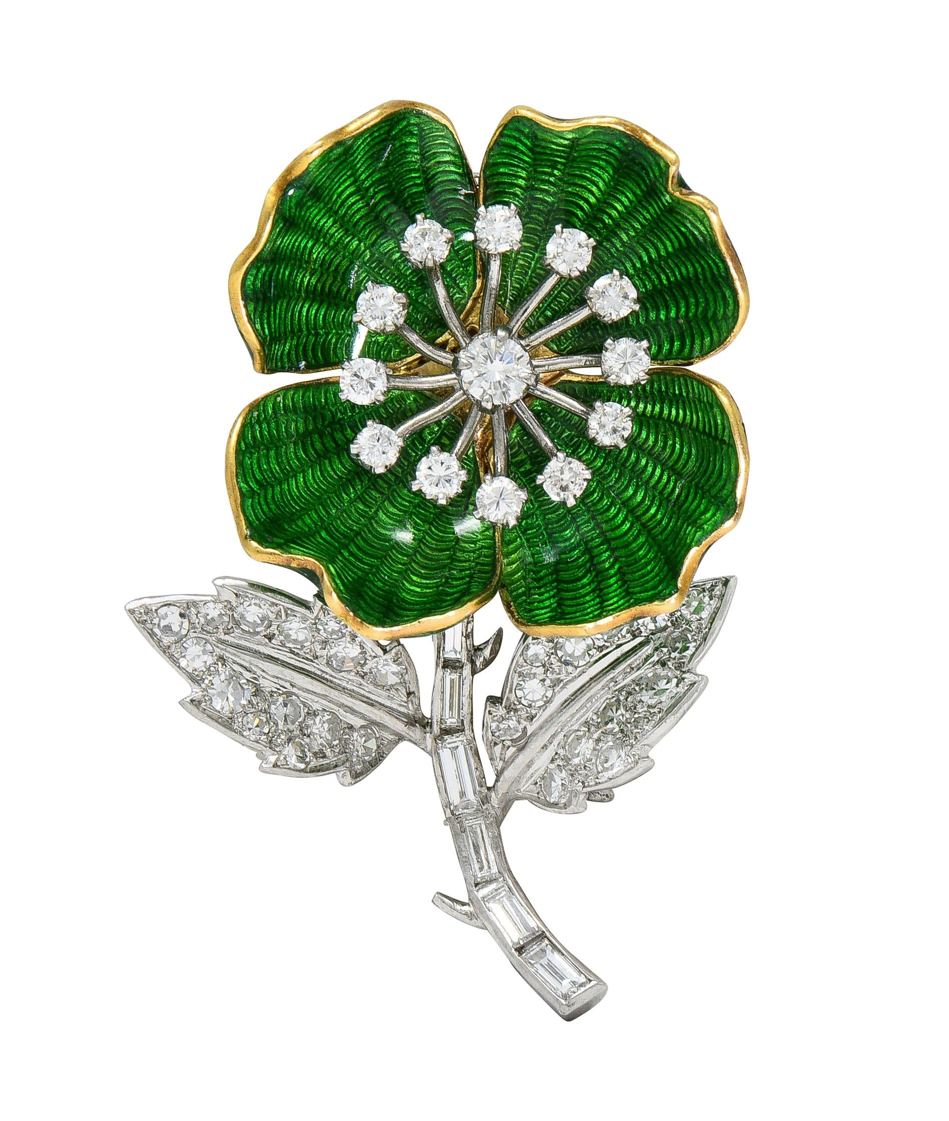 Boucheron Paris Diamond Enamel Platinum 18K Vintage Eglantine Brooch Earring Set