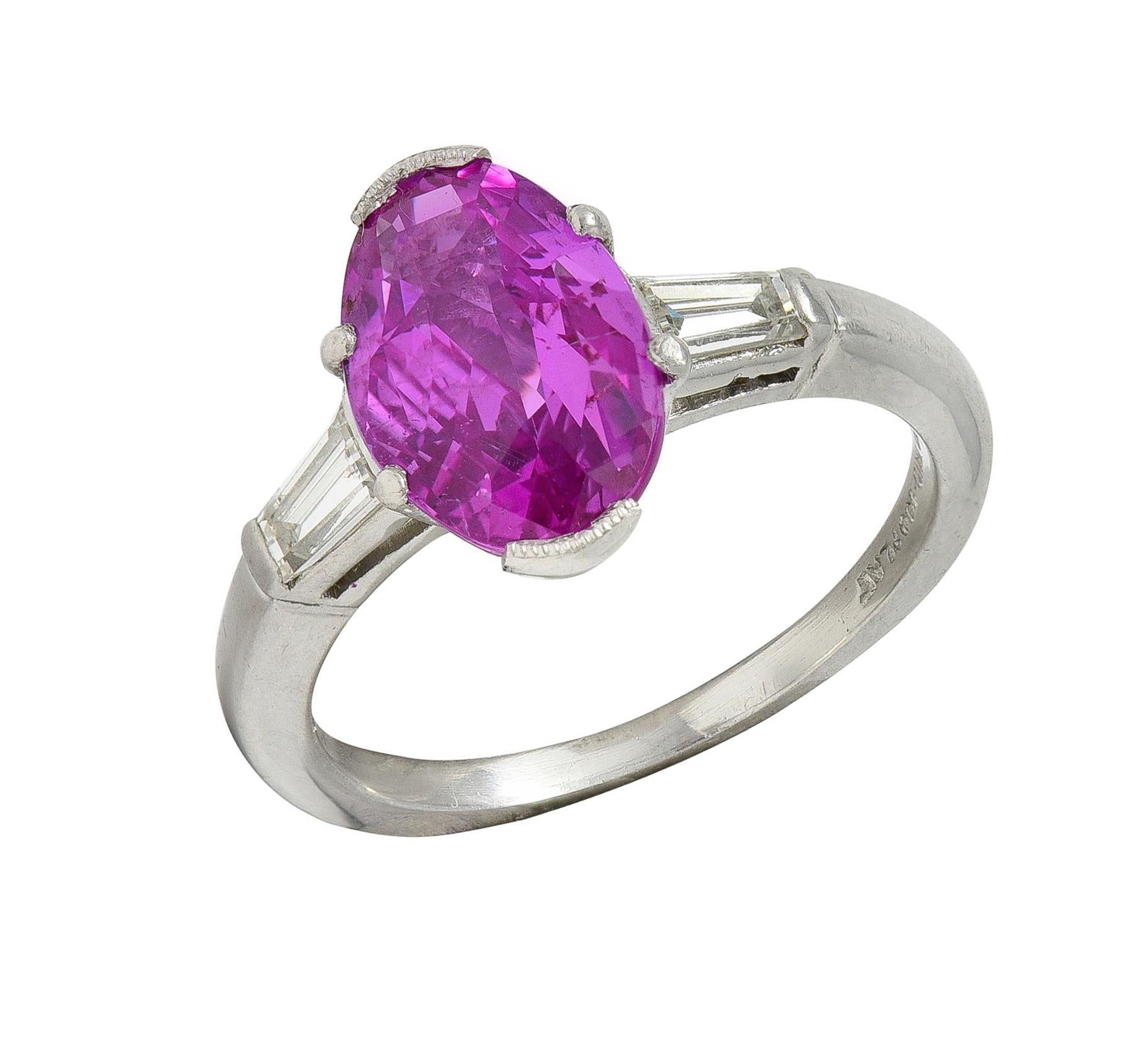 Mid-Century 2.85 CTW No Heat Pink Sapphire Diamond Platinum Three Stone Ring GIA