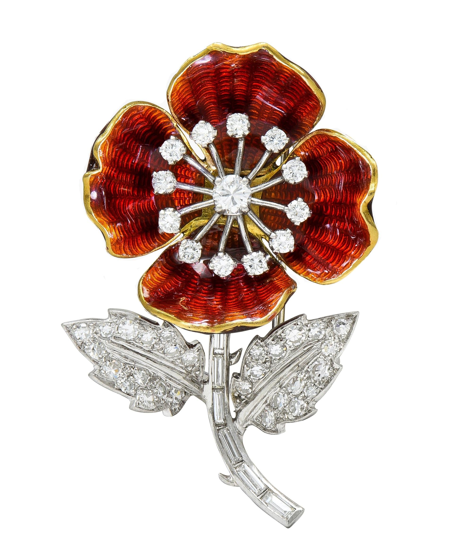 Boucheron Paris Diamond Enamel Platinum 18K Vintage Eglantine Brooch Earring Set