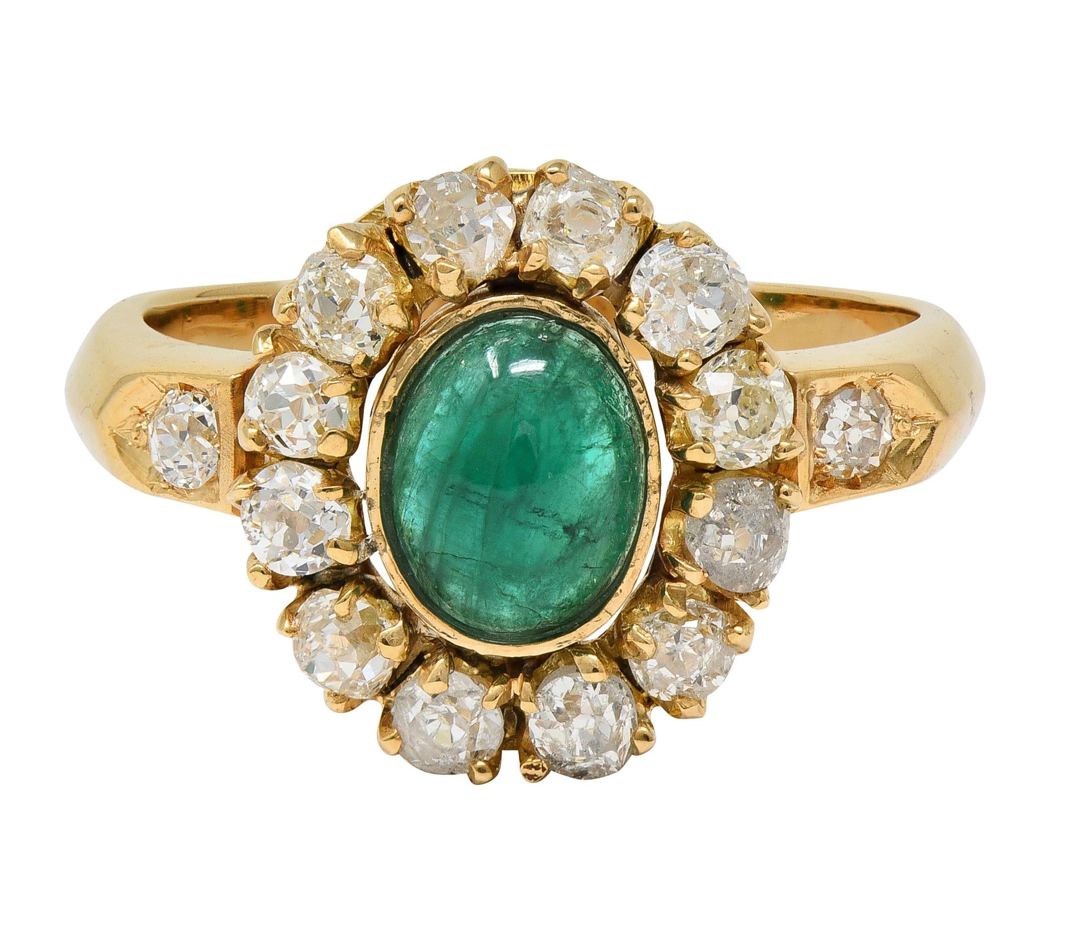 Modernist 2.46 CTW Emerald Diamond 14 Karat Yellow Gold Vintage Halo Ring