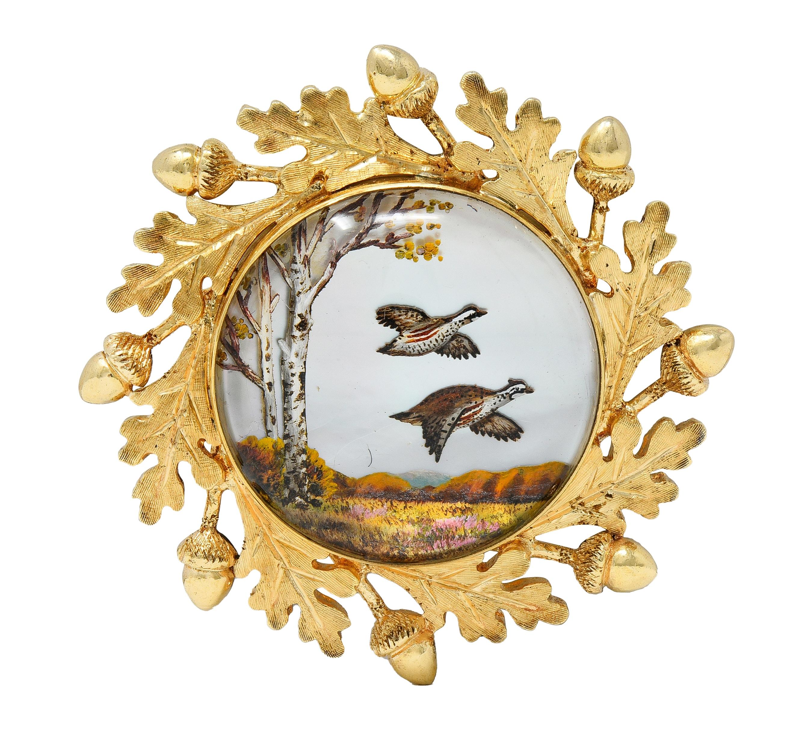 Edwardian Reverse Carved Essex Crystal 14K Gold Quail Acorn Antique Brooch