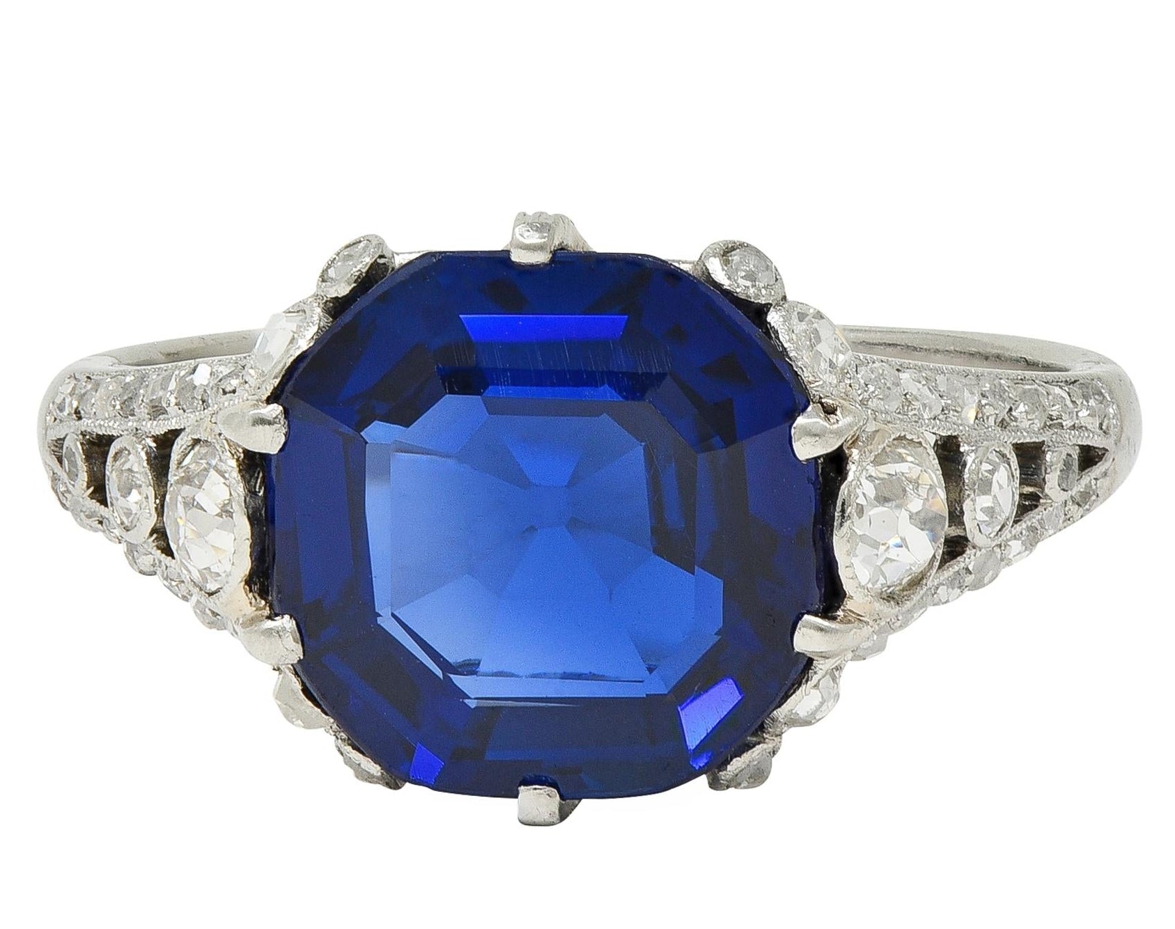 French Art Deco 4.37 CTW No Heat Burma Sapphire Platinum Antique Burmese Ring