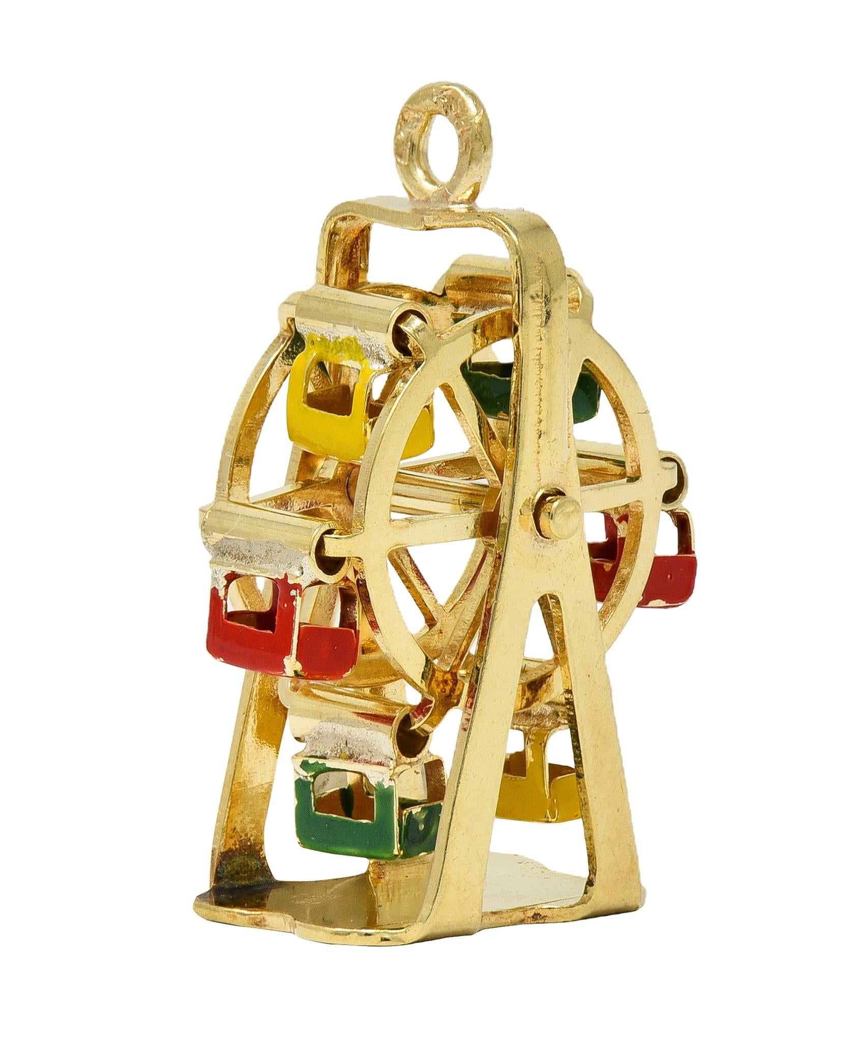 1960's Enamel 14 Karat Yellow Gold Vintage Ferris Wheel Pendant Charm