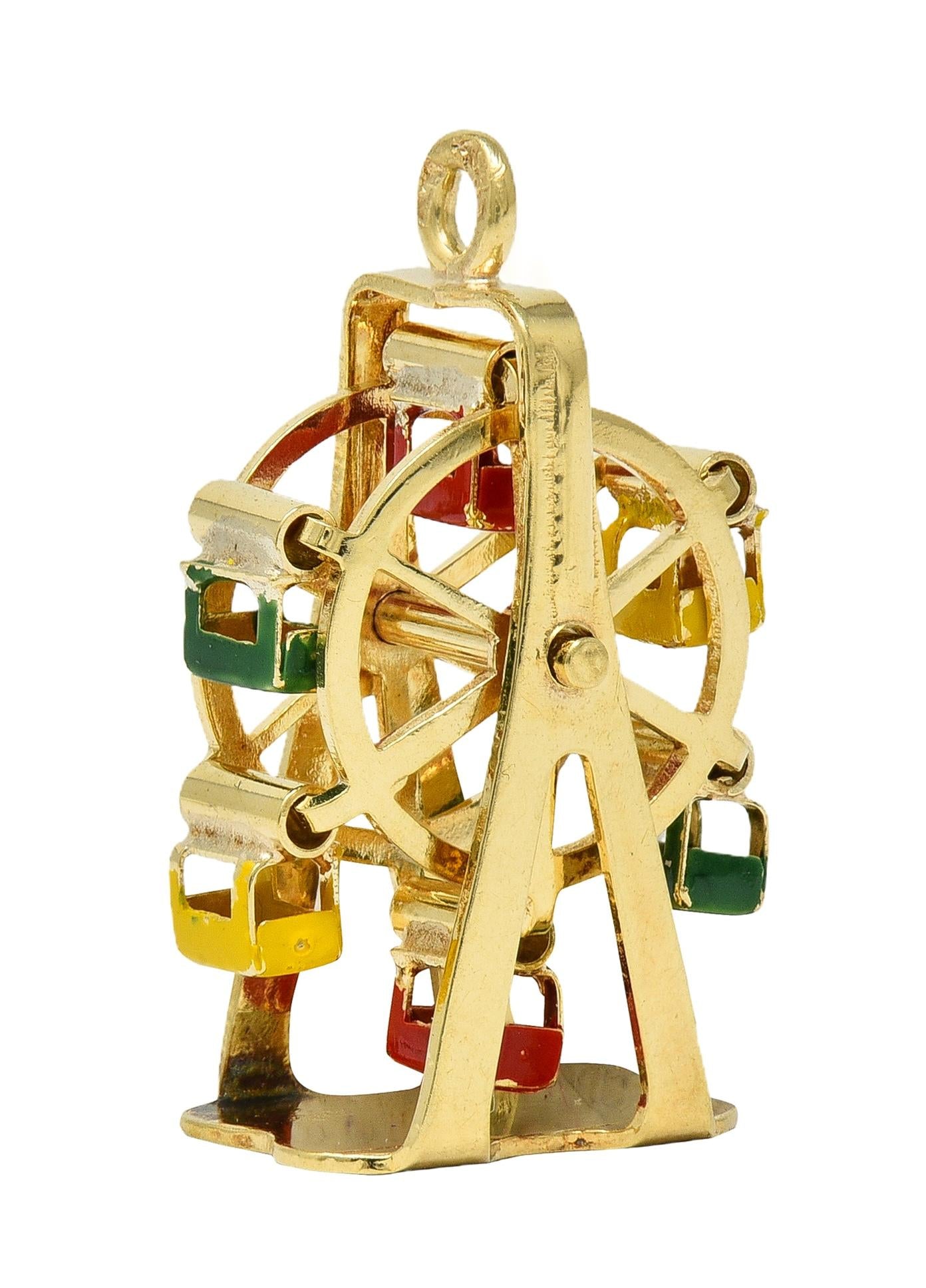 1960's Enamel 14 Karat Yellow Gold Vintage Ferris Wheel Pendant Charm
