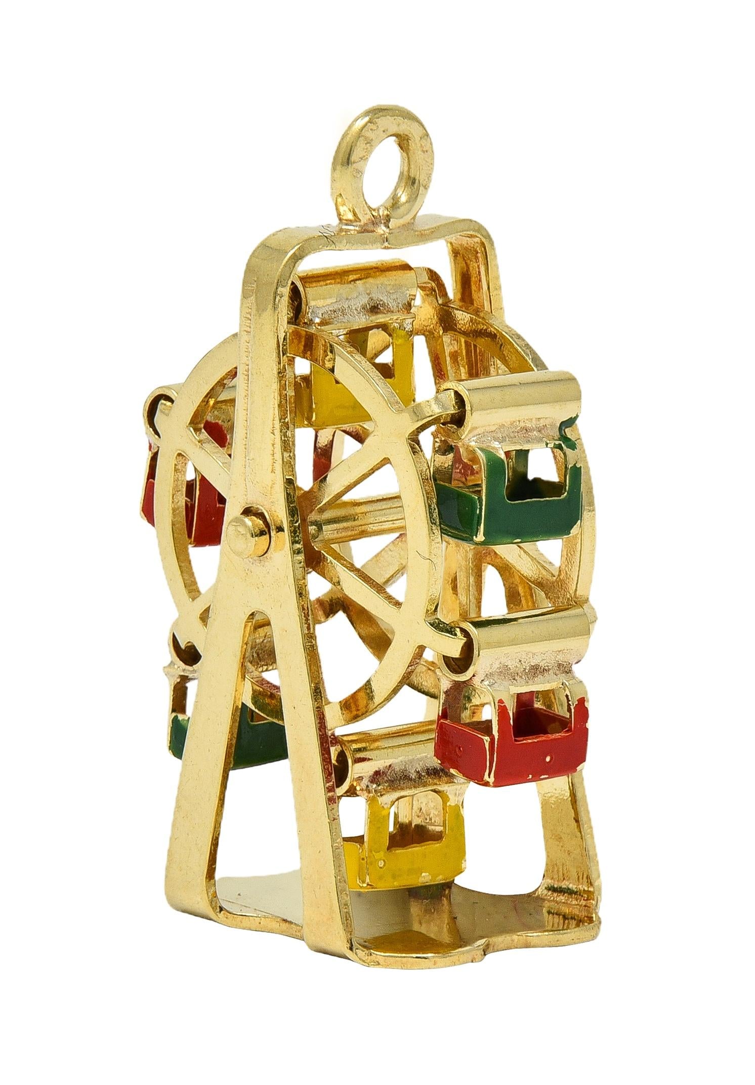 1960's Enamel 14 Karat Yellow Gold Vintage Ferris Wheel Pendant Charm