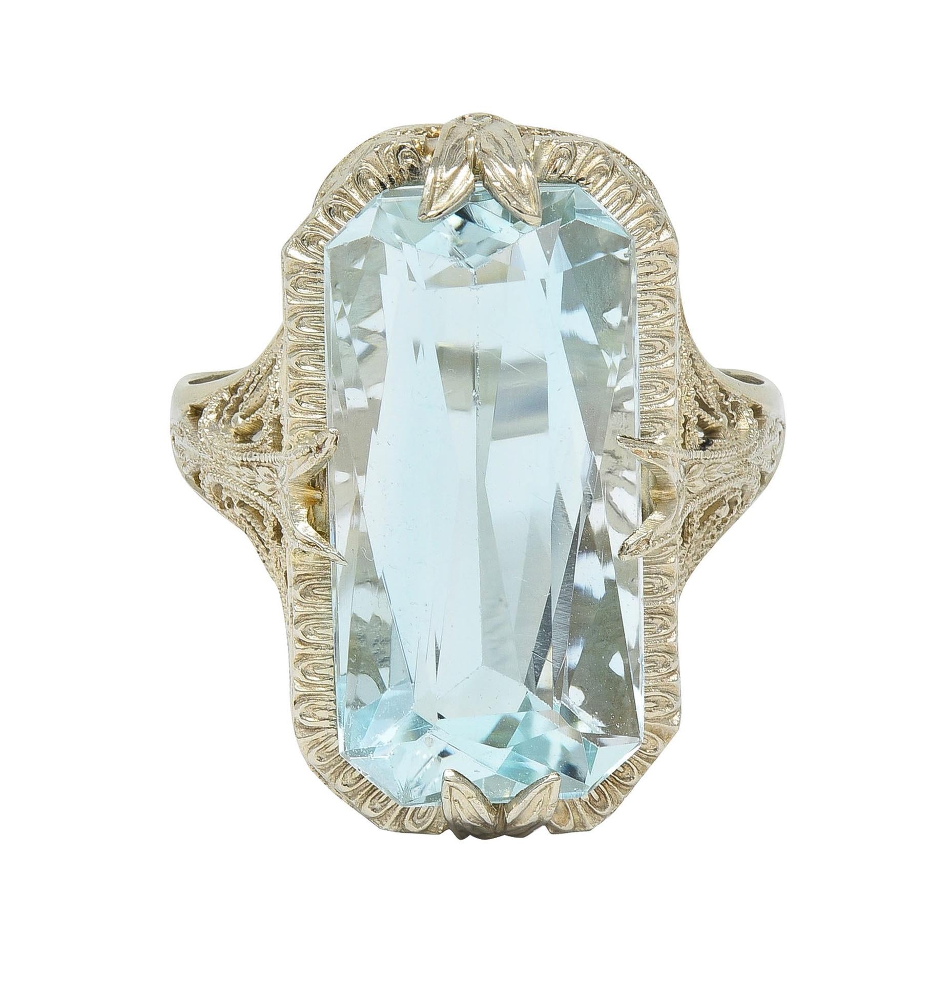 Art Deco 6.74 CTW Aquamarine 14 Karat White Gold Filigree Antique Dinner Ring