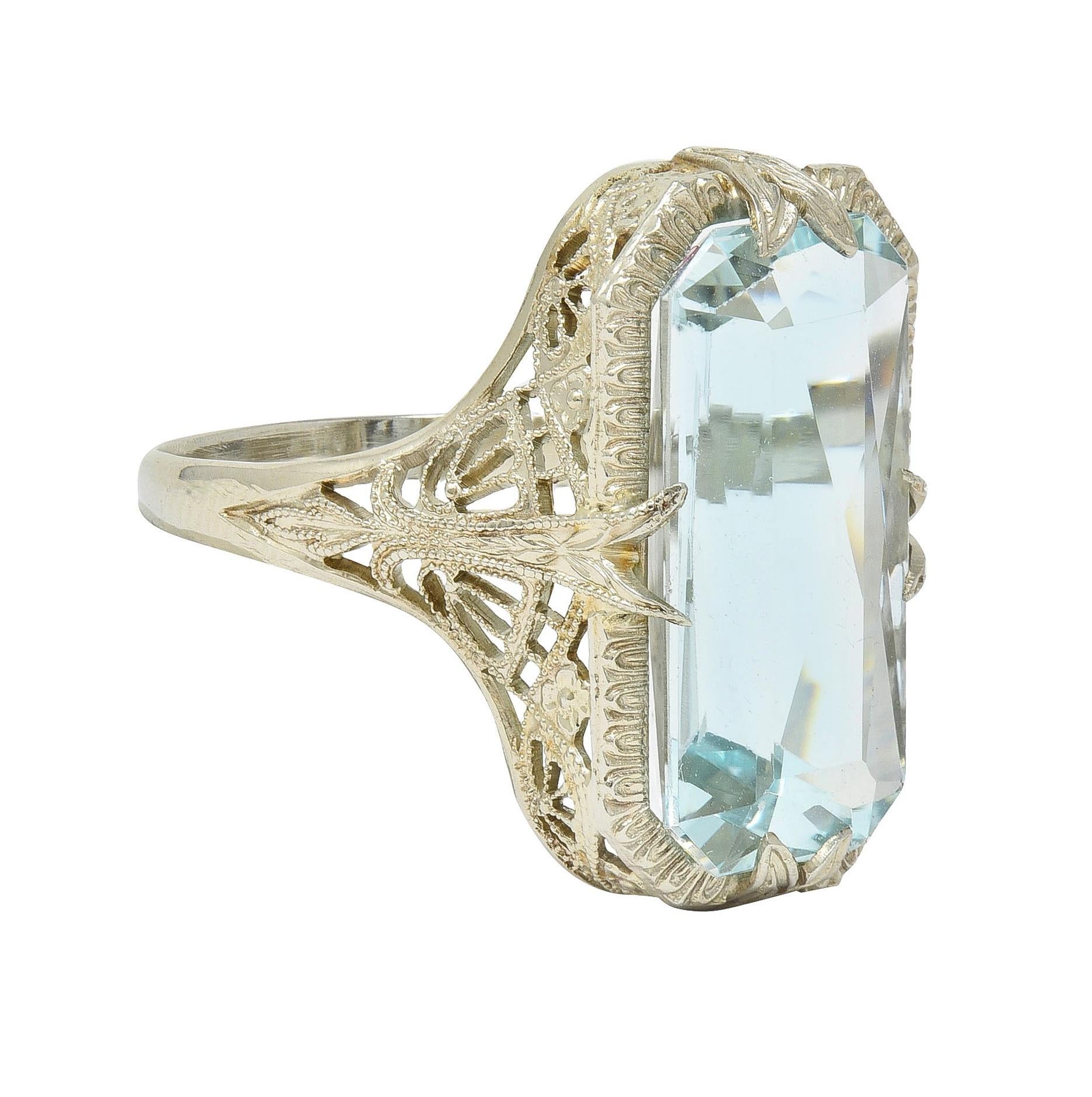 Art Deco 6.74 CTW Aquamarine 14 Karat White Gold Filigree Antique Dinner Ring