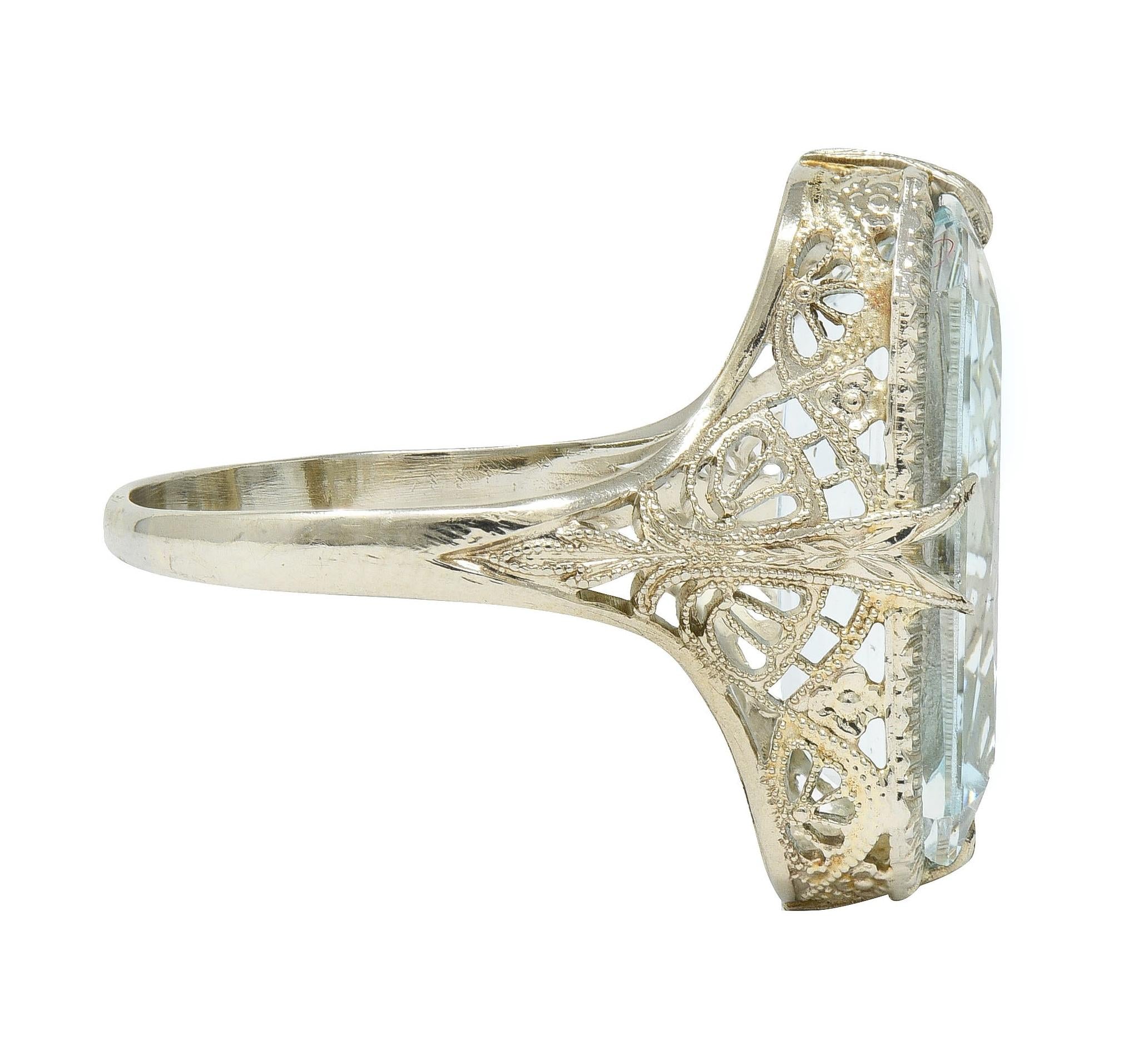 Art Deco 6.74 CTW Aquamarine 14 Karat White Gold Filigree Antique Dinner Ring