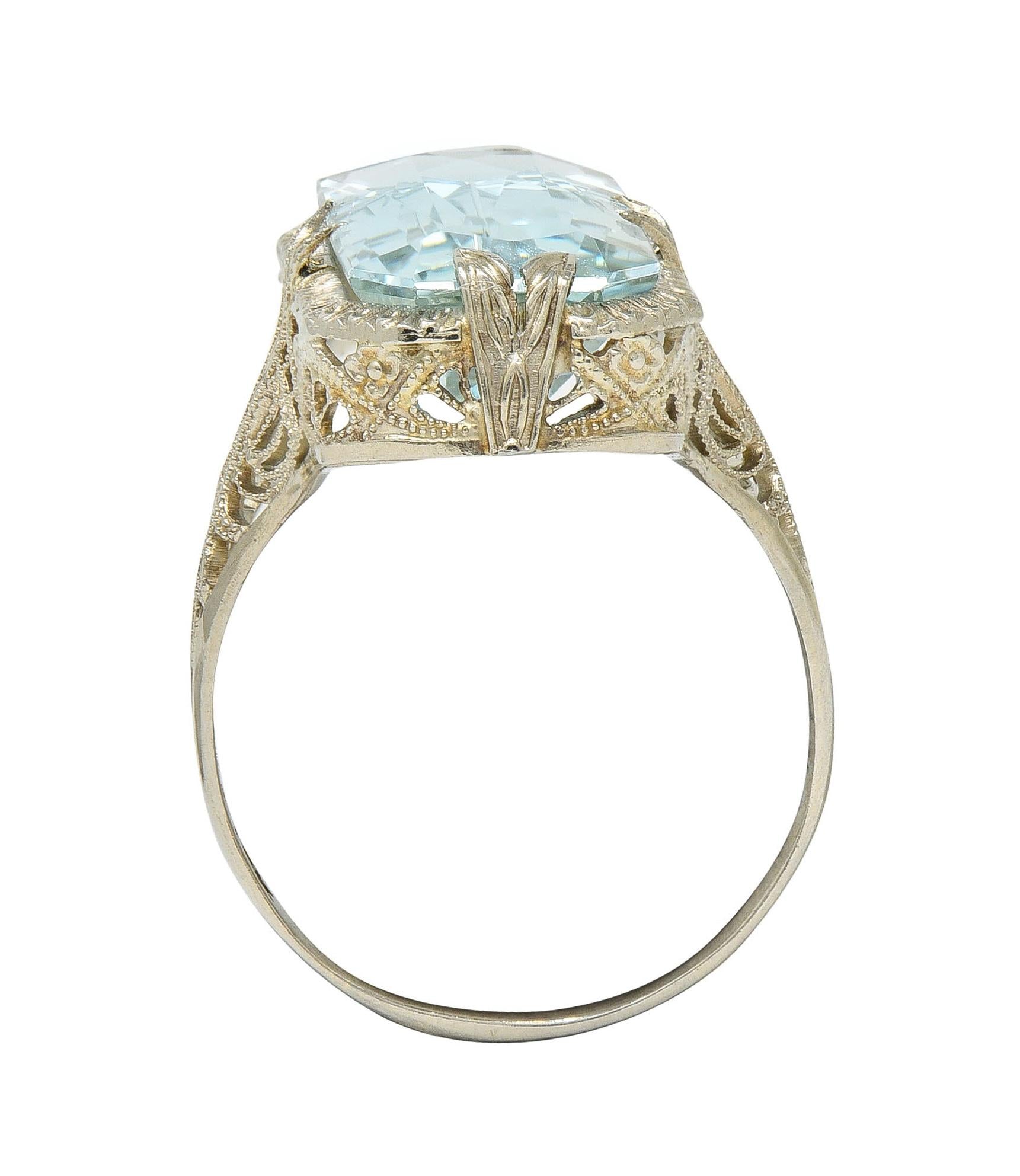 Art Deco 6.74 CTW Aquamarine 14 Karat White Gold Filigree Antique Dinner Ring