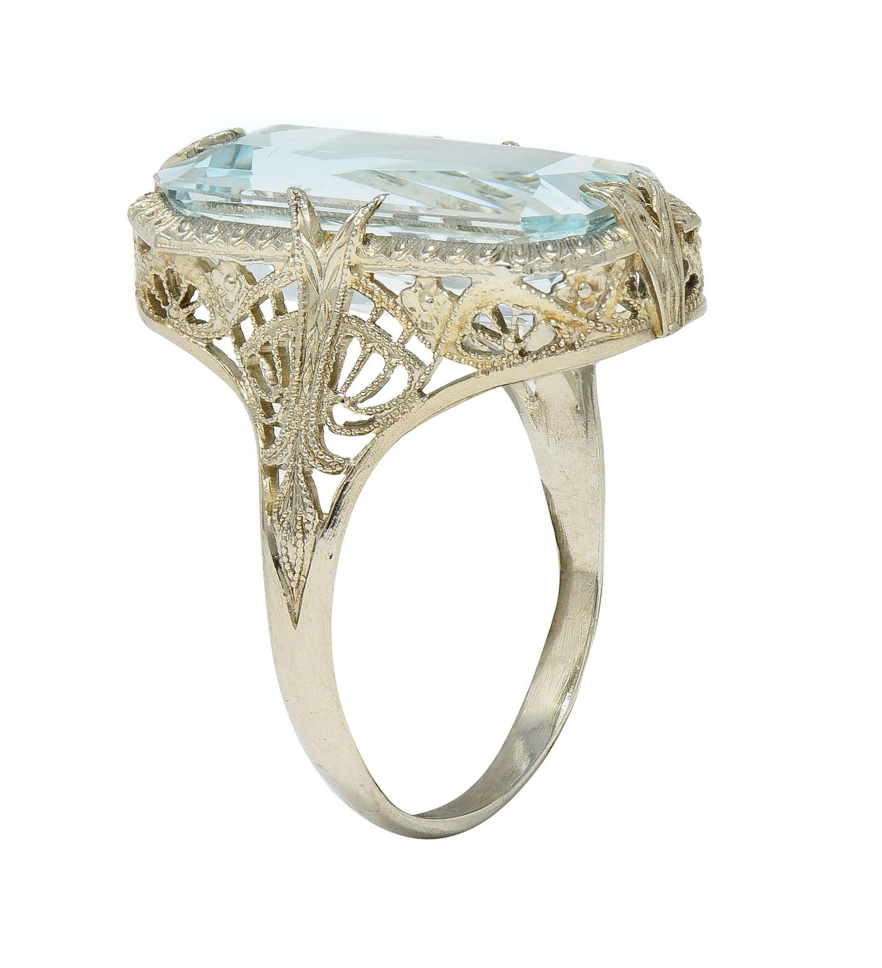 Art Deco 6.74 CTW Aquamarine 14 Karat White Gold Filigree Antique Dinner Ring