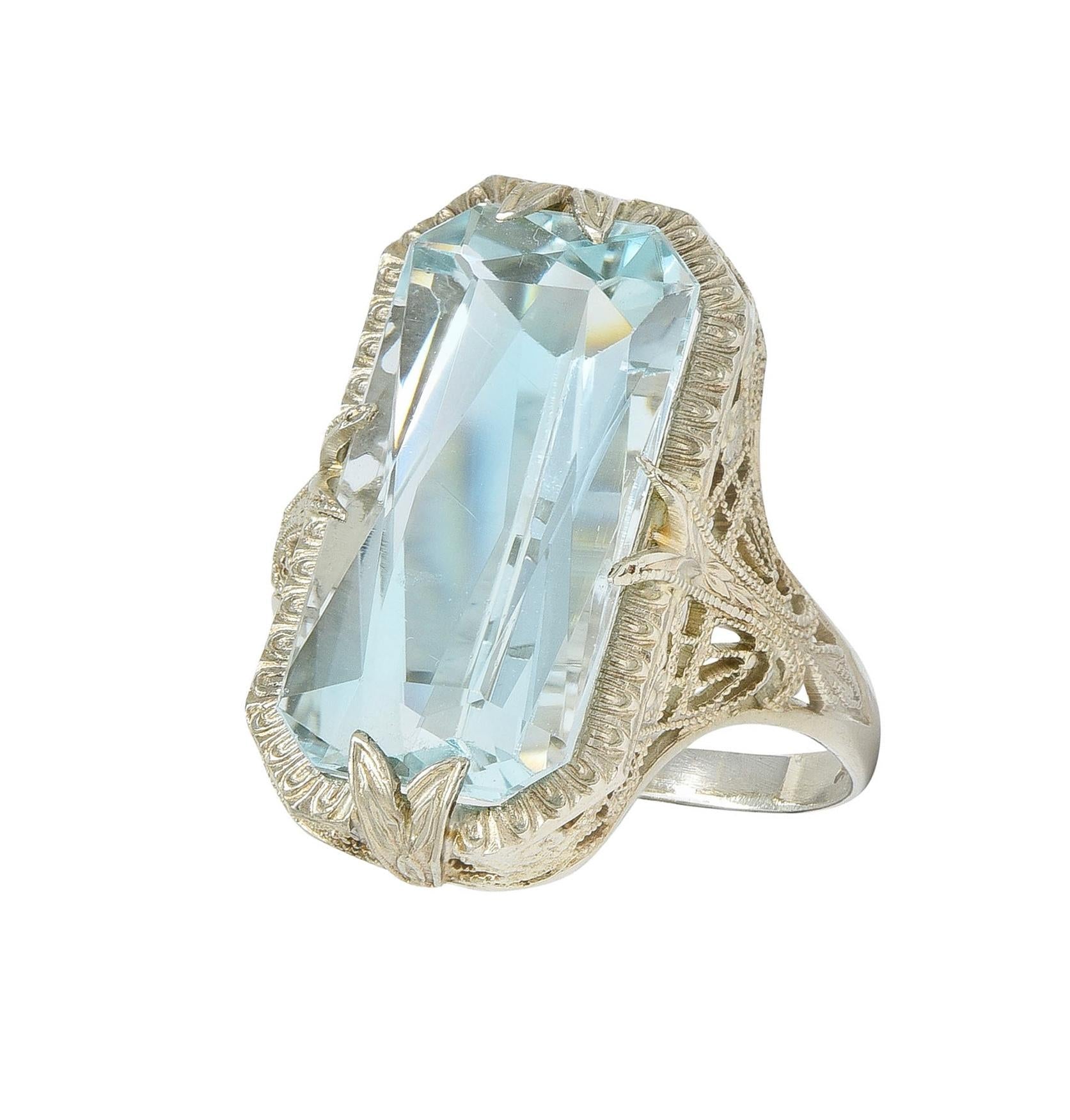 Art Deco 6.74 CTW Aquamarine 14 Karat White Gold Filigree Antique Dinner Ring